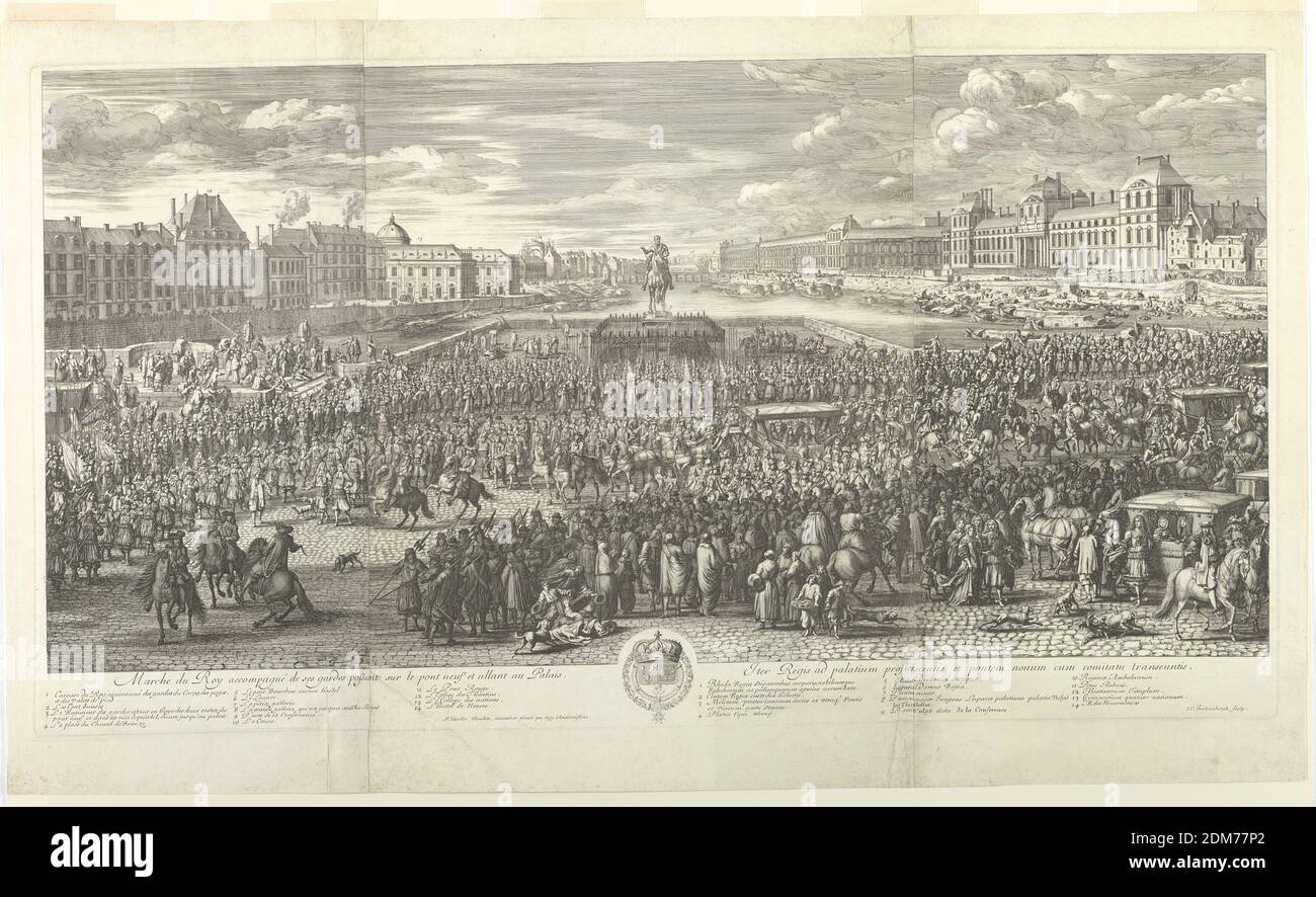 Parade of Louis XIV on the Pont Neuf, Paris, Johann van Huchtenburgh, 1646  - 1733, Adam Frans van der Meulen, Flemish, 1631 - 1690, Engraving on  paper, One of three plates joined