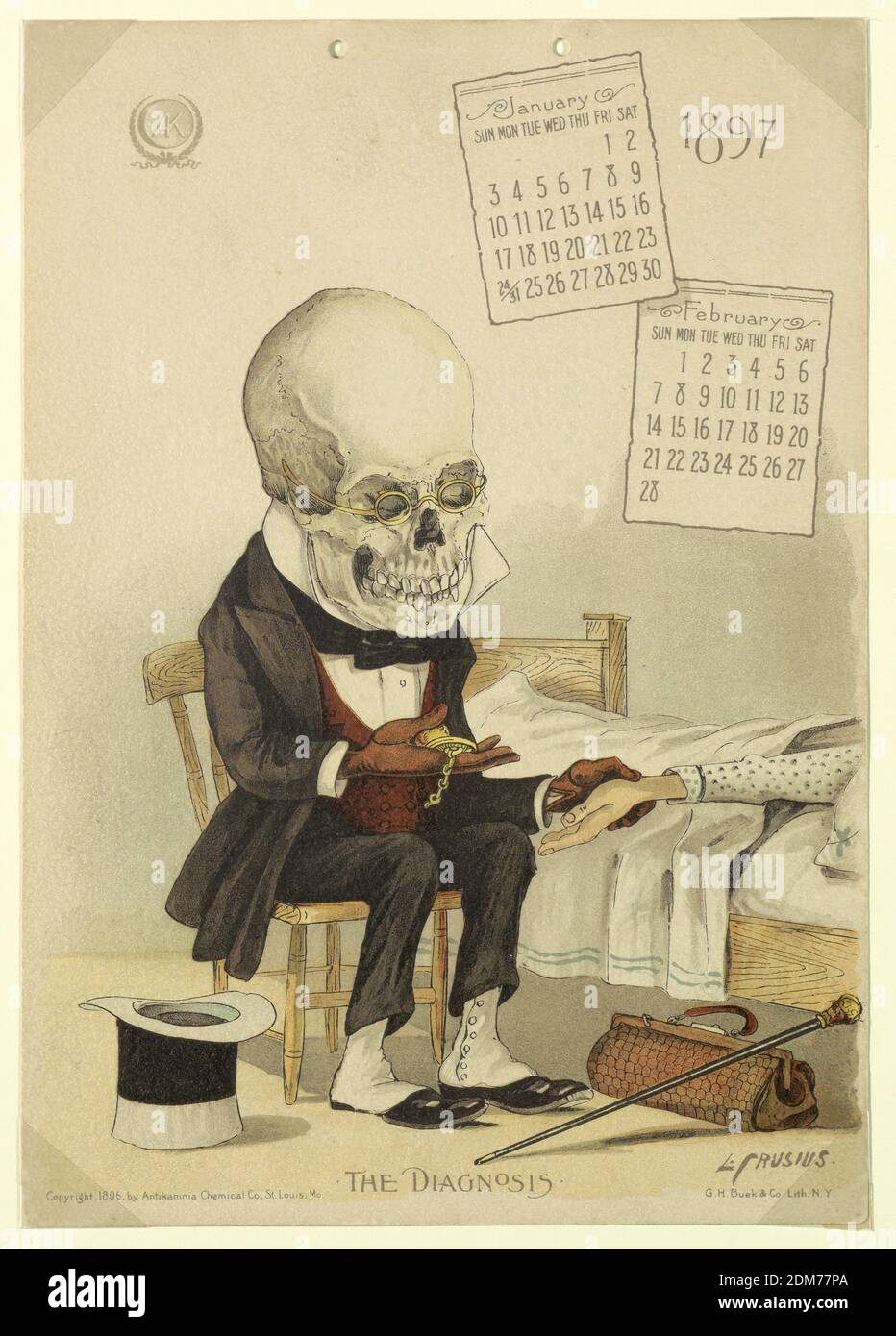 The Antikamnia Calendar, January and February, 1897: The Diagnosis, Louis Crusius, American, 1862 - 1898, Louis Crusius, American, 1862 - 1898, Chromolithograph on paper with string binding, January and February, 1897., New York, New York, USA, 1896, graphic design, Calendar, Calendar Stock Photo