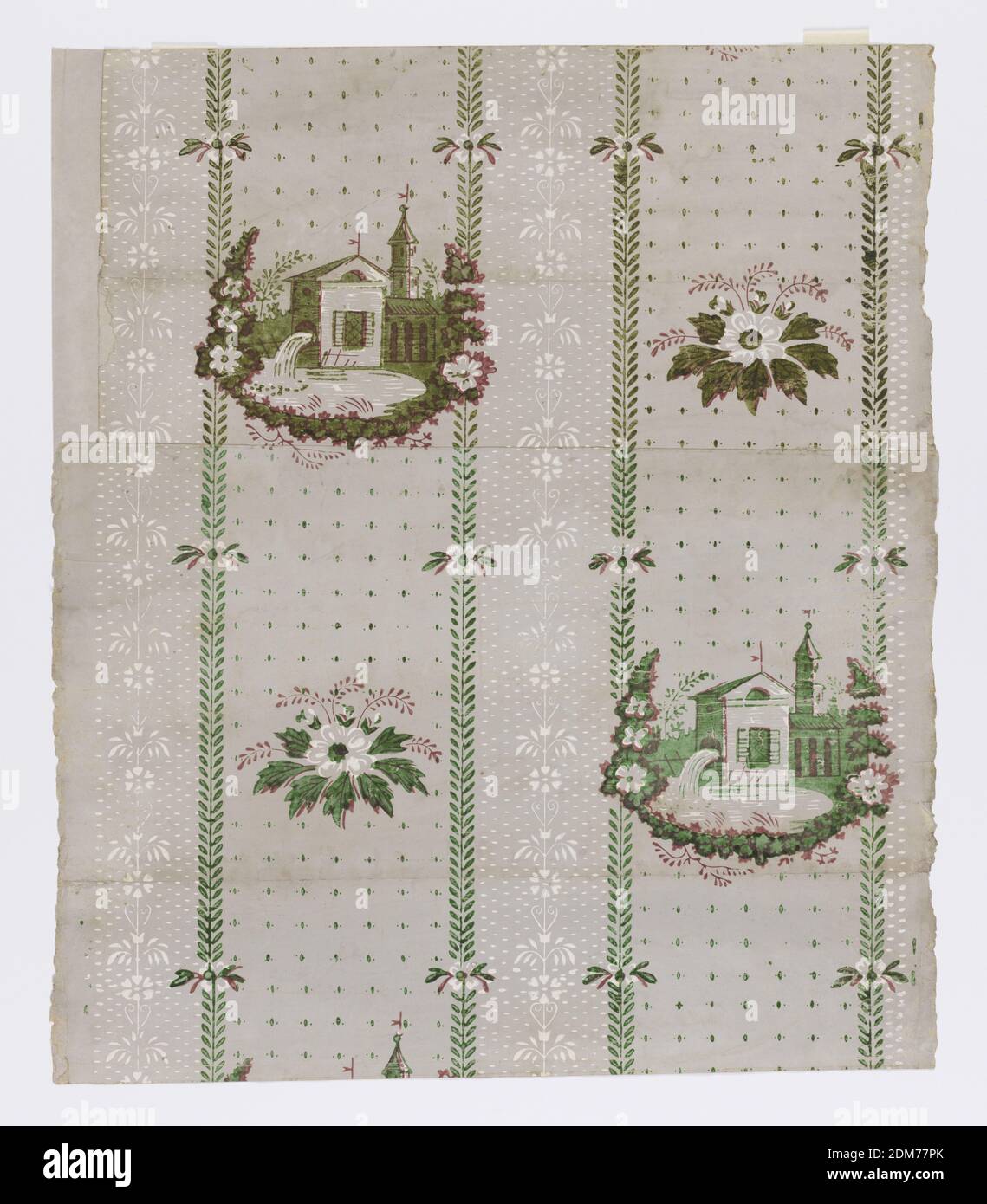 Sidewall, Block printed on joined sheets, Floral stripes with alternating thin and thick bands. Thick bands contains alternating water mills and floral designs. Printed in varnished green, red and white on gray ground., USA, ca. 1800, Wallcoverings, Sidewall Stock Photo