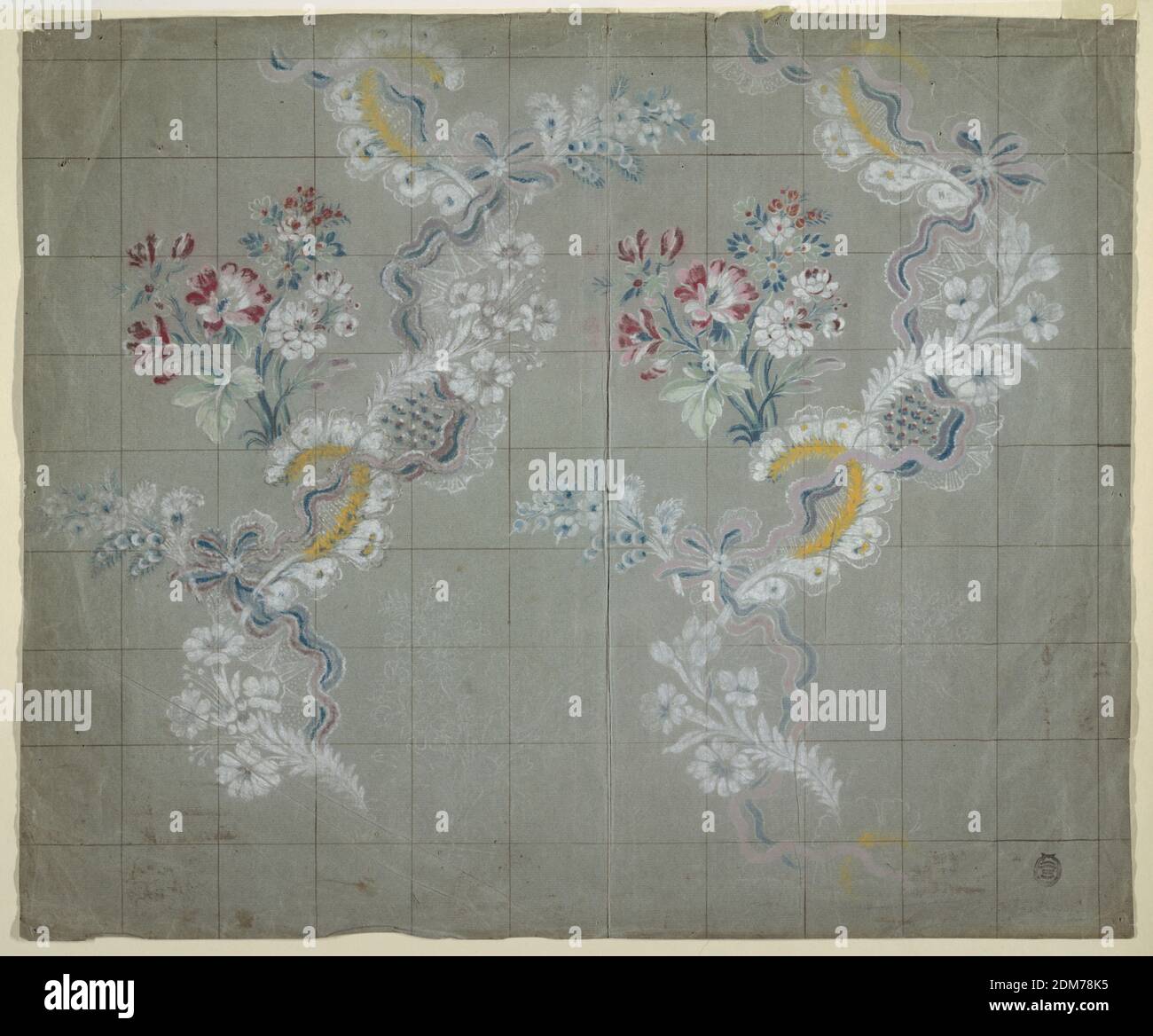 Design for a Silk Brocade, Pastel, pen and brown ink squaring on bluish grey laid paper, Horizontal composition illustrating glower sprays that spring from vertically rising and waved lace bands, to which flower boughs are fastened. One entire repeat is shown with the majority of another at right., France, ca. 1750, textile designs, Drawing Stock Photo