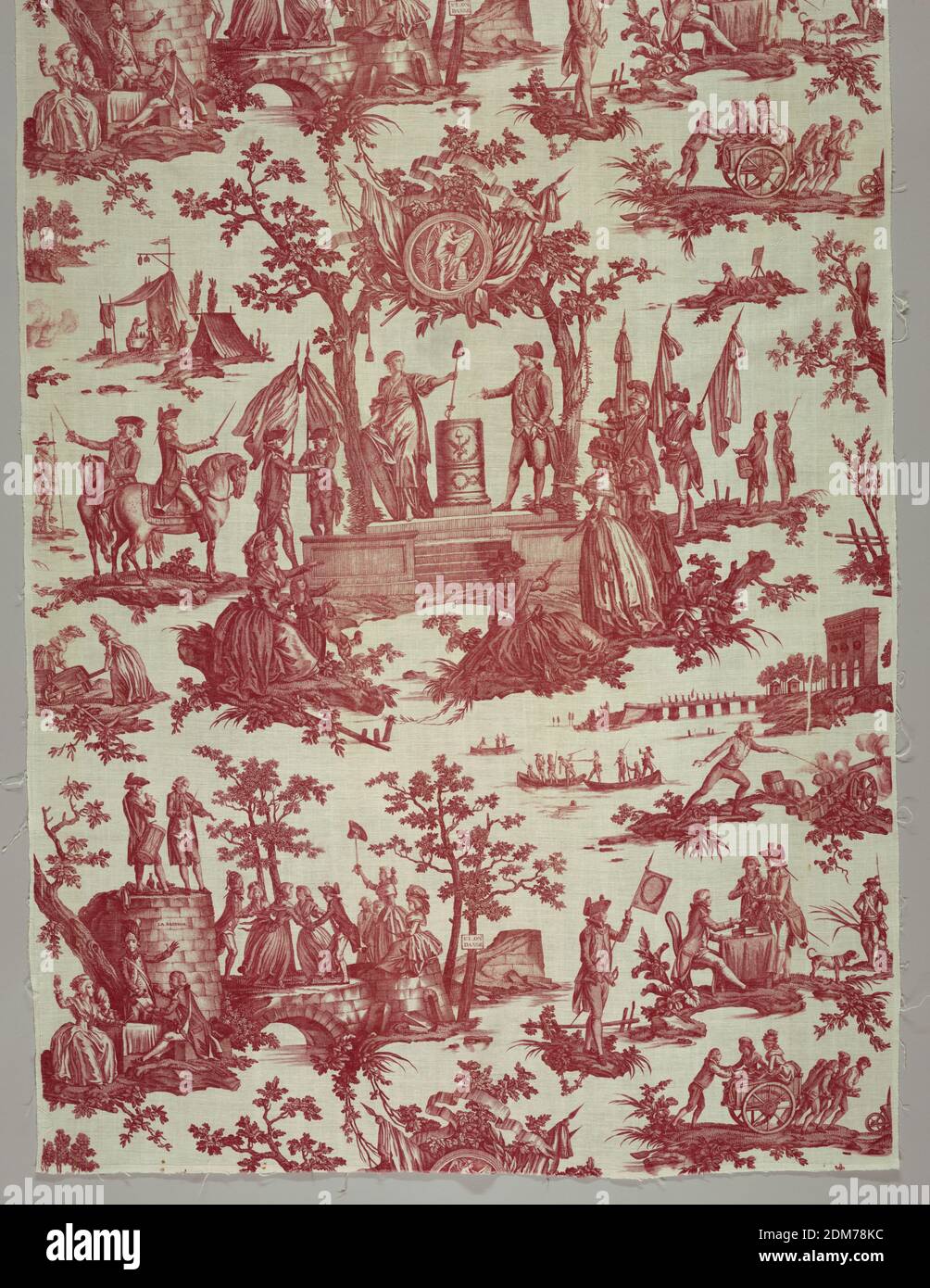 La Fete de la Federation (The Festival of the Federation), Jean-Baptiste Marie Huet, (French, 1745–1811), Oberkampf & Cie., (Jouy-en-Josas, France, 1759–1815), Medium: cotton Technique: printed by engraved plate on plain weave, Length of printed cotton with scenes printed in red on white. In one scene, Louis XVI is shown taking the oath of loyalty at the Altar of Liberty while Marie Antoinette and the Dauphin pledge allegiance; Lafayette is in the background. In another scene people are dancing on the ruins of the Bastille. The fabric was designed after the fall of the Bastille Stock Photo