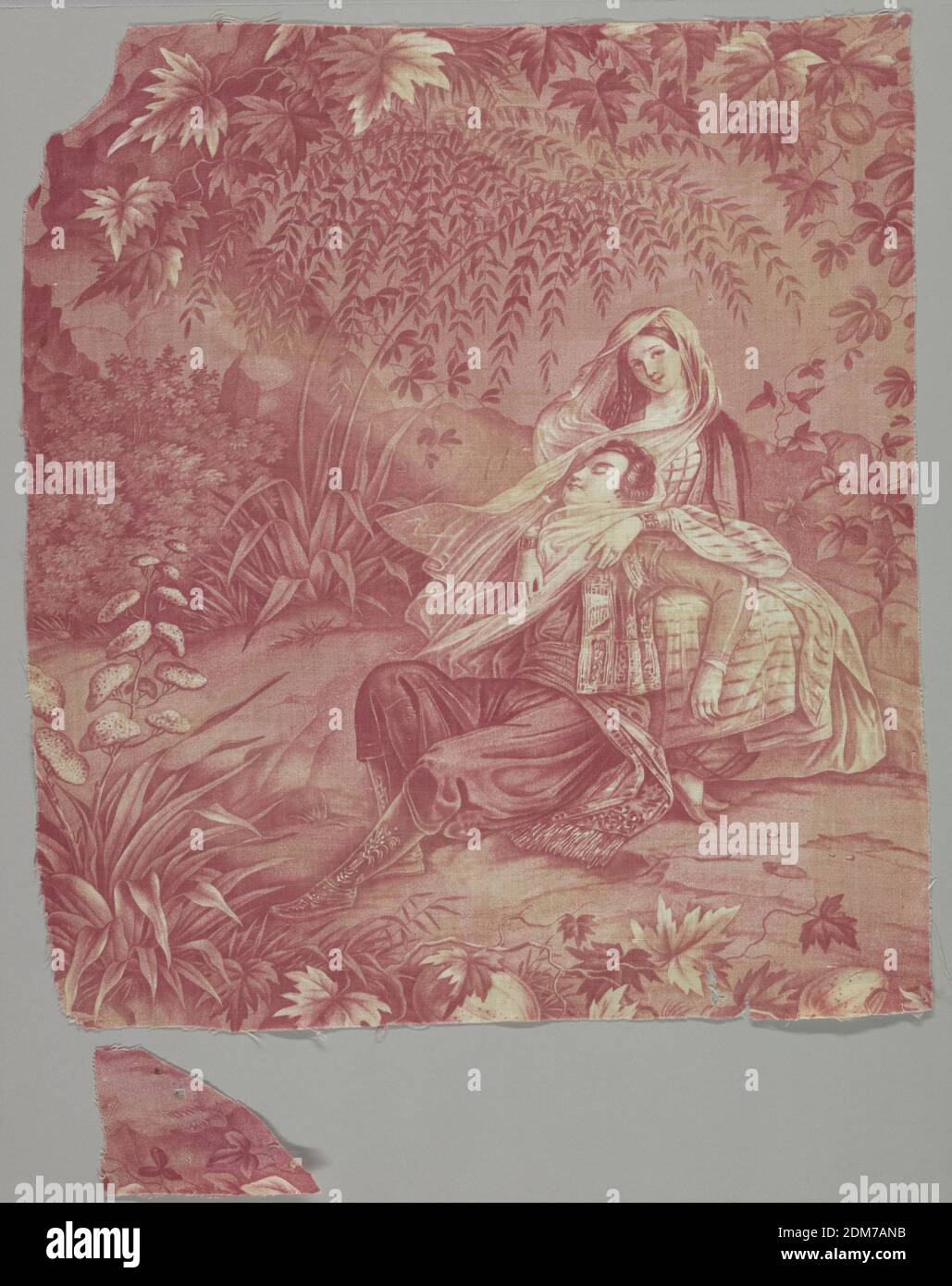 Fragment, Medium: cotton Technique: printed in red on plain weave, Fragment shows a couple in Eastern dress seated under a tree. In red on white., France, mid-19th century, printed, dyed & painted textiles, Fragment Stock Photo