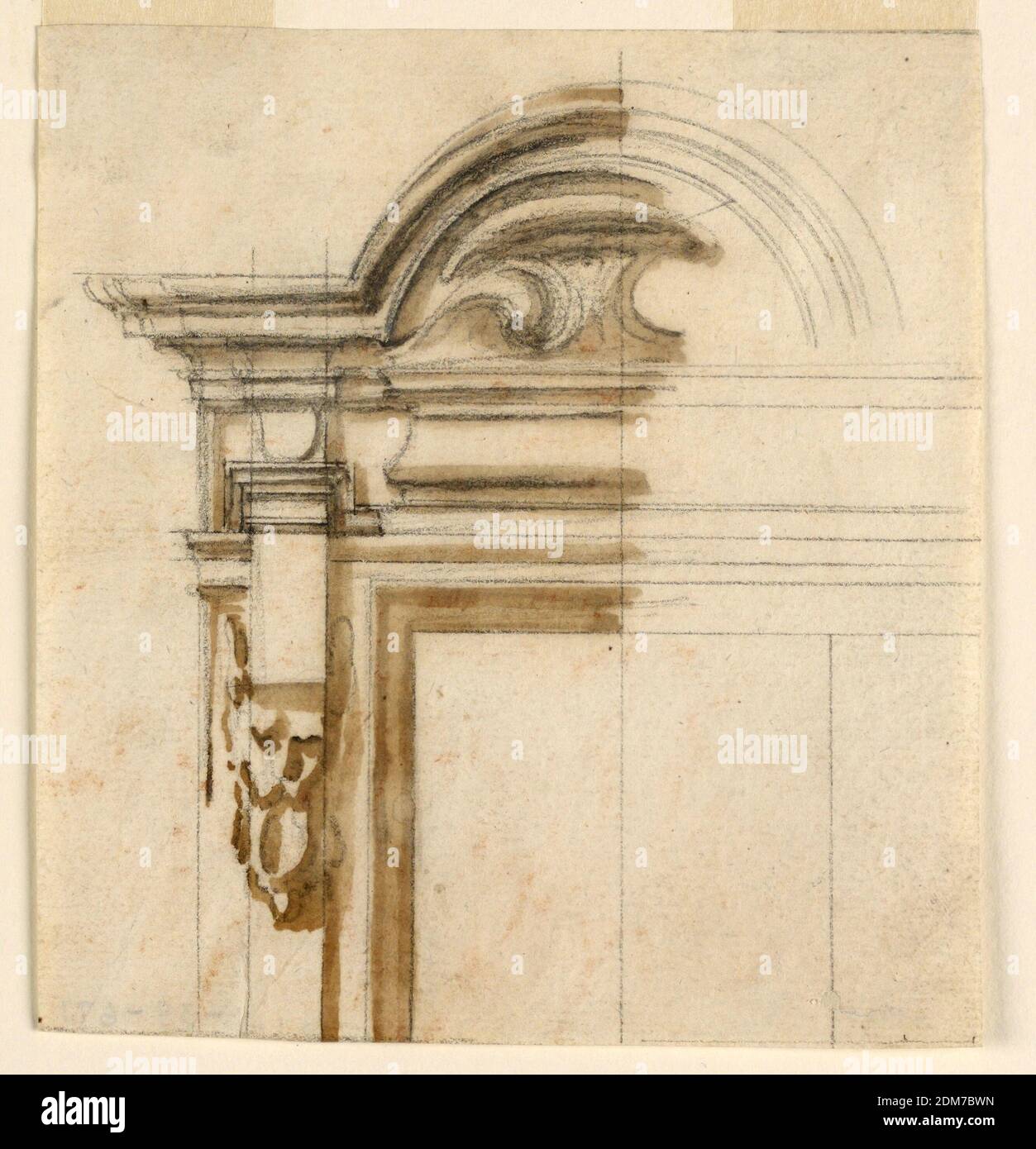 Window Case, Filippo Marchionni, Italian, 1732–1805, Charcoal, brush and dark brown watercolor on laid paper, Upper cornices form a circular pediment in the width of the window frame. The console supporting the entablature ends below with a mask., Italy, 1740–70, architecture, Drawing Stock Photo