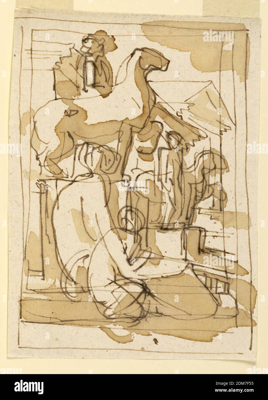Sketch, Figures with Equestrian Monuments, Fortunato Duranti, Italian, 1787 - 1863, Pen and ink, brush and sepia wash on paper, Sketch, Figures with Equestrian Monuments., Rome, Italy, 1820–1850, Drawing Stock Photo