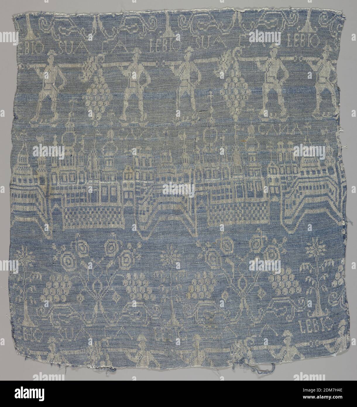 Fragment, Medium: linen Technique: 7&1 satin damask, Blue and white damask with depictions of Jerusalem and the Spies of Eschol., Germany, 17th–18th century, woven textiles, Fragment Stock Photo