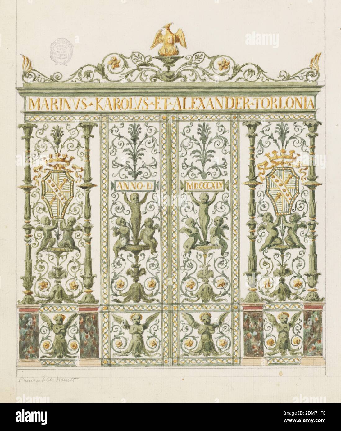 Design for a Sacristy Gate of a Chapel of the Torlonia Family, Brush and watercolor, graphite on paper, Design for a gate of a chapel of the Torlonia family, intended to be executed in metal, probably for the chapel in St. Giovanni in Laterno, Italy. A folding door between a lateral panel on either side. In the latter stand two columns in the shape of candelabra upon marble pedestals, supporting at front a band with two entwined ribbons as it frames the panels of the leaves and connects the bases and cornices of the pedestals, and then the entablature. In the frieze is the inscription: MARINVS Stock Photo