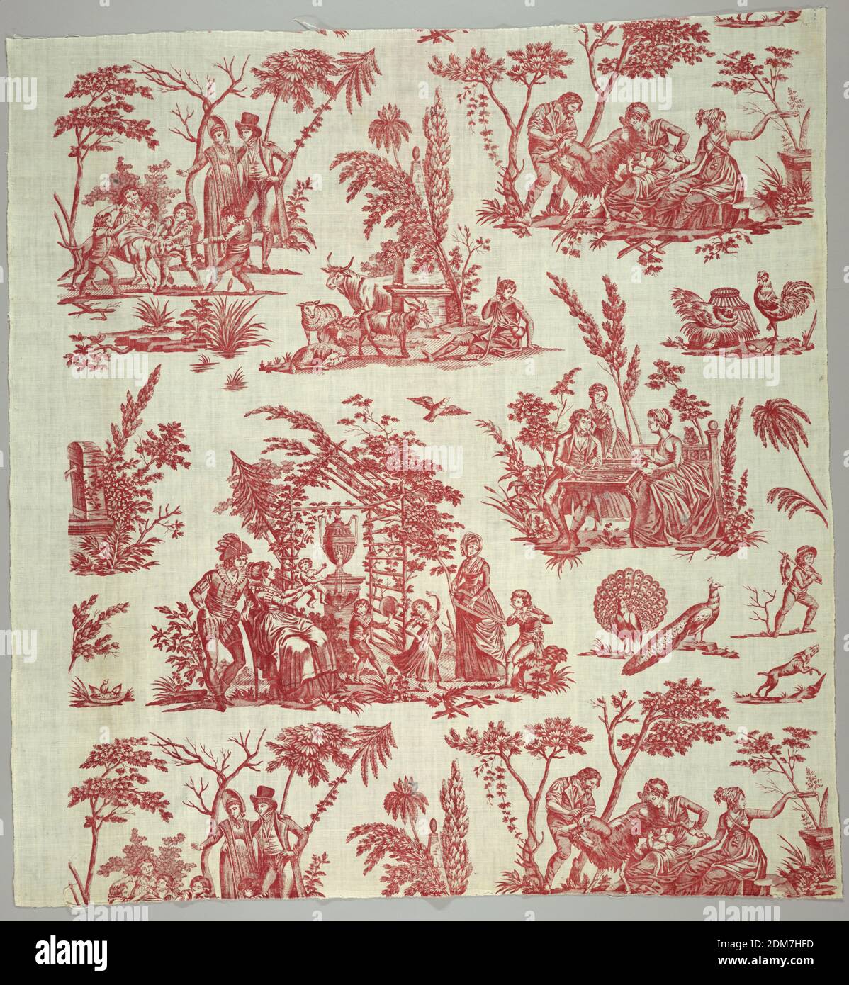 Textile, Medium: cotton Techinque: printed by engraved copper plate on plain weave, Pastoral scenes including man and woman watching children play with a dog, two women, a man and a goat suckling a baby, a couple playing backgammon, and a family group in an arbor. In red., Nantes, France, ca. 1800, printed, dyed & painted textiles, Textile Stock Photo