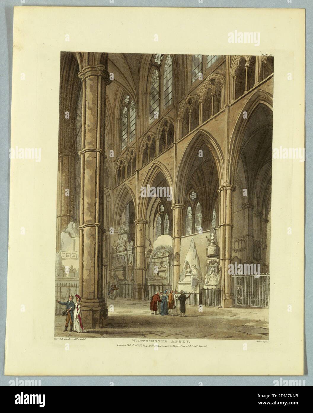 Westminster Abbey, from 'Ackermann's Repository', Thomas Rowlandson, British, 1756–1827, Augustus Charles Pugin, French, active Great Britain, ca. 1762–1832, John Bluck, British, 1791–1832, Aquatint, brush and watercolor on paper, Church interior with high Gothic arches. Baroque tombs and statues between the pillars. A few sightseers. Title, artists', and publisher's names below., Europe, London, England, 1809, Print Stock Photo