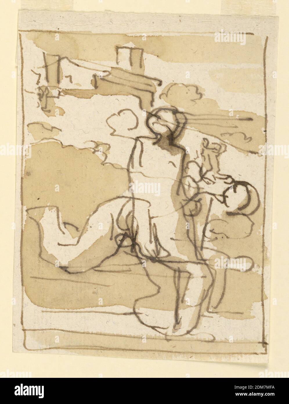 Sketch, Two Figures in Landscape with Architecture in Background, Fortunato Duranti, Italian, 1787 - 1863, Pen and ink, brush and sepia wash on paper, Sketch, Two Figures in Landscape with Architecture in Background, Rome, Italy, 1820–1850, Drawing Stock Photo