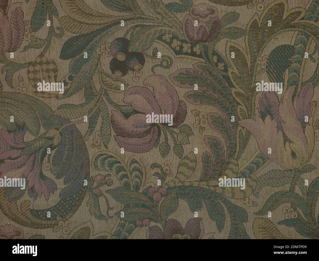 Textile Orinoka Mills Philadelphia Pennsylvania USA Medium wool cotton Technique woven imitation of wool needlepoint a Length of upholstery fabric with an exotic floral vine muted red blue green and o...