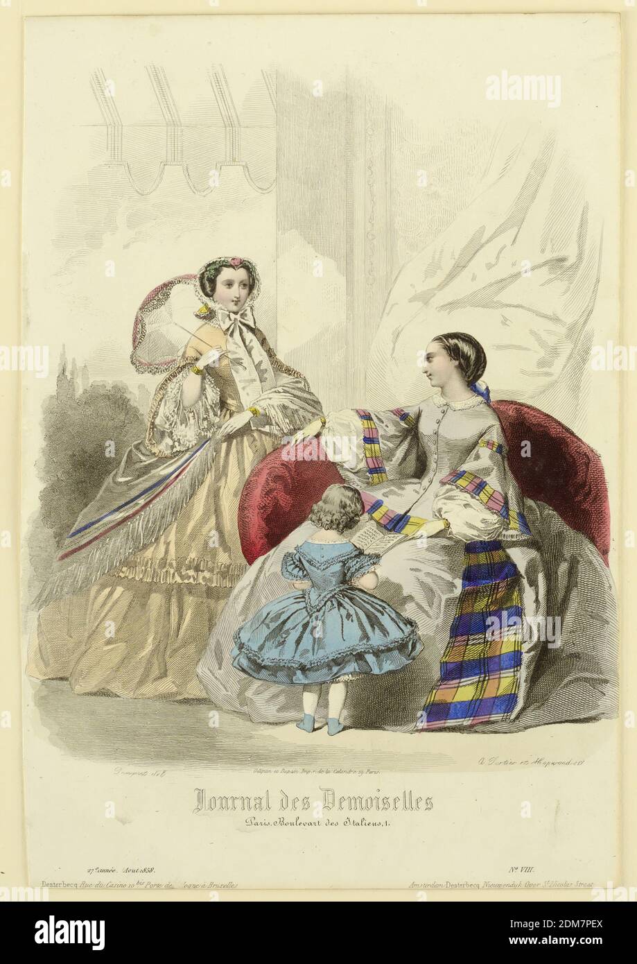 Fashion Plate from Journal des demoiselles, A. Pauquet, French, active 19th c., Gilguin & Dupain, French, active 19th c., A. Portier, French, active 19th c., Hopwood, active 19th c., Hand-colored engraving on paper, Fashion plate from Journal des demoiselles., Paris, France, August 1858, Print Stock Photo