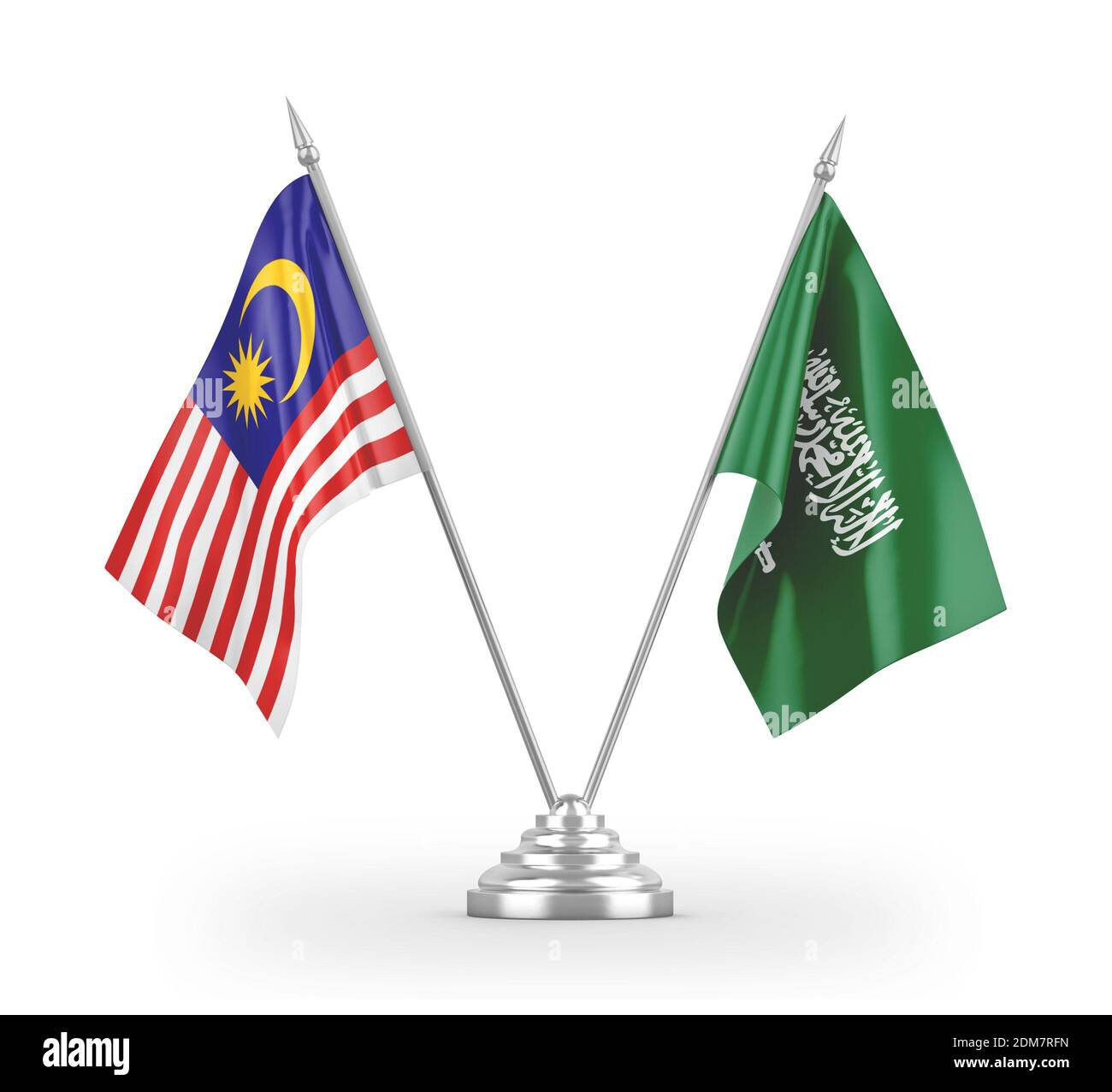 Saudi Arabia and Malaysia table flags isolated on white 3D rendering Stock Photo