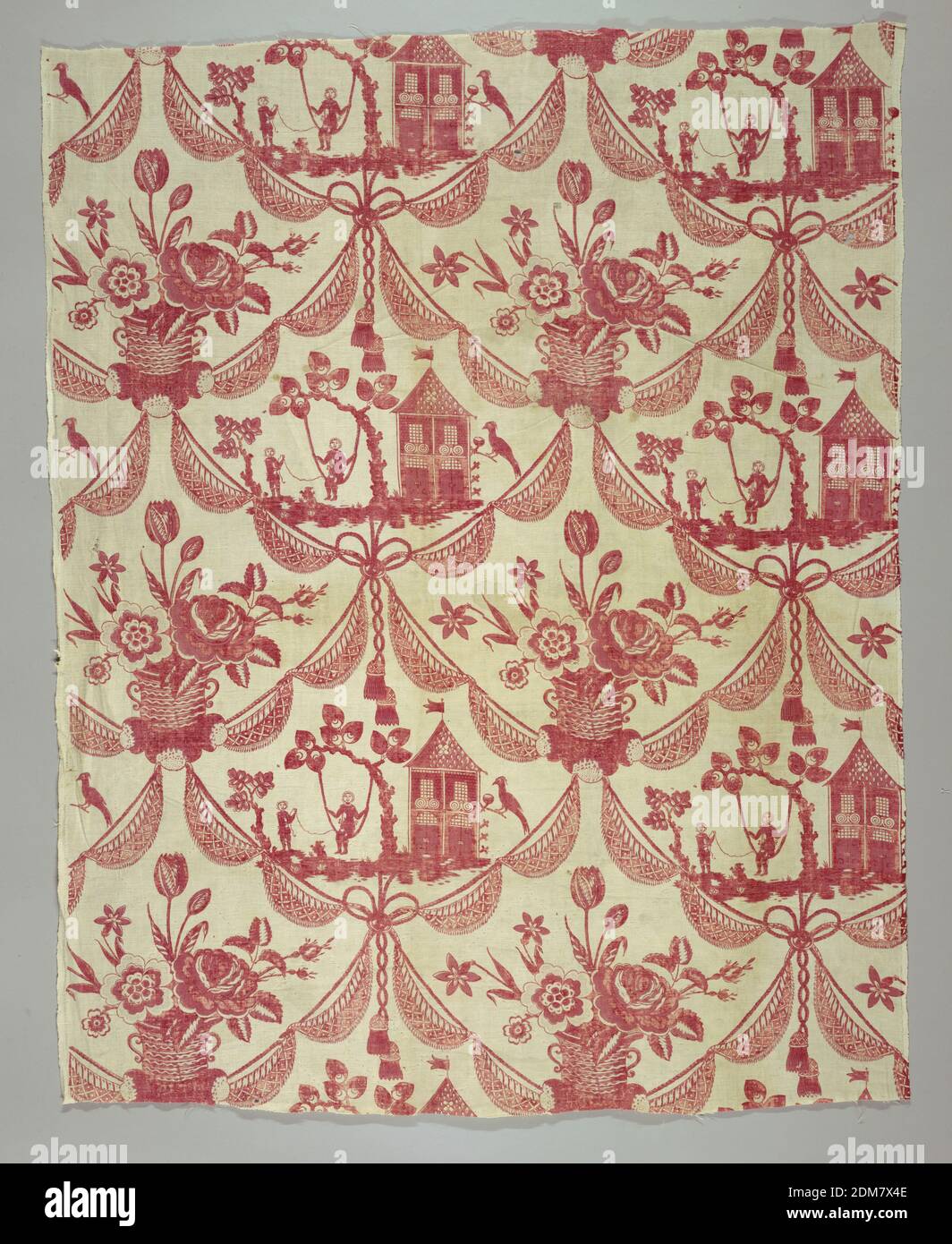 Textile, Medium: cotton Technique: block printed on plain weave, Lozenges formed by drapery containing person in a swing in front of a house alternate with a vase of flowers. In two reds on white., France, late 18th century, printed, dyed & painted textiles, Textile Stock Photo