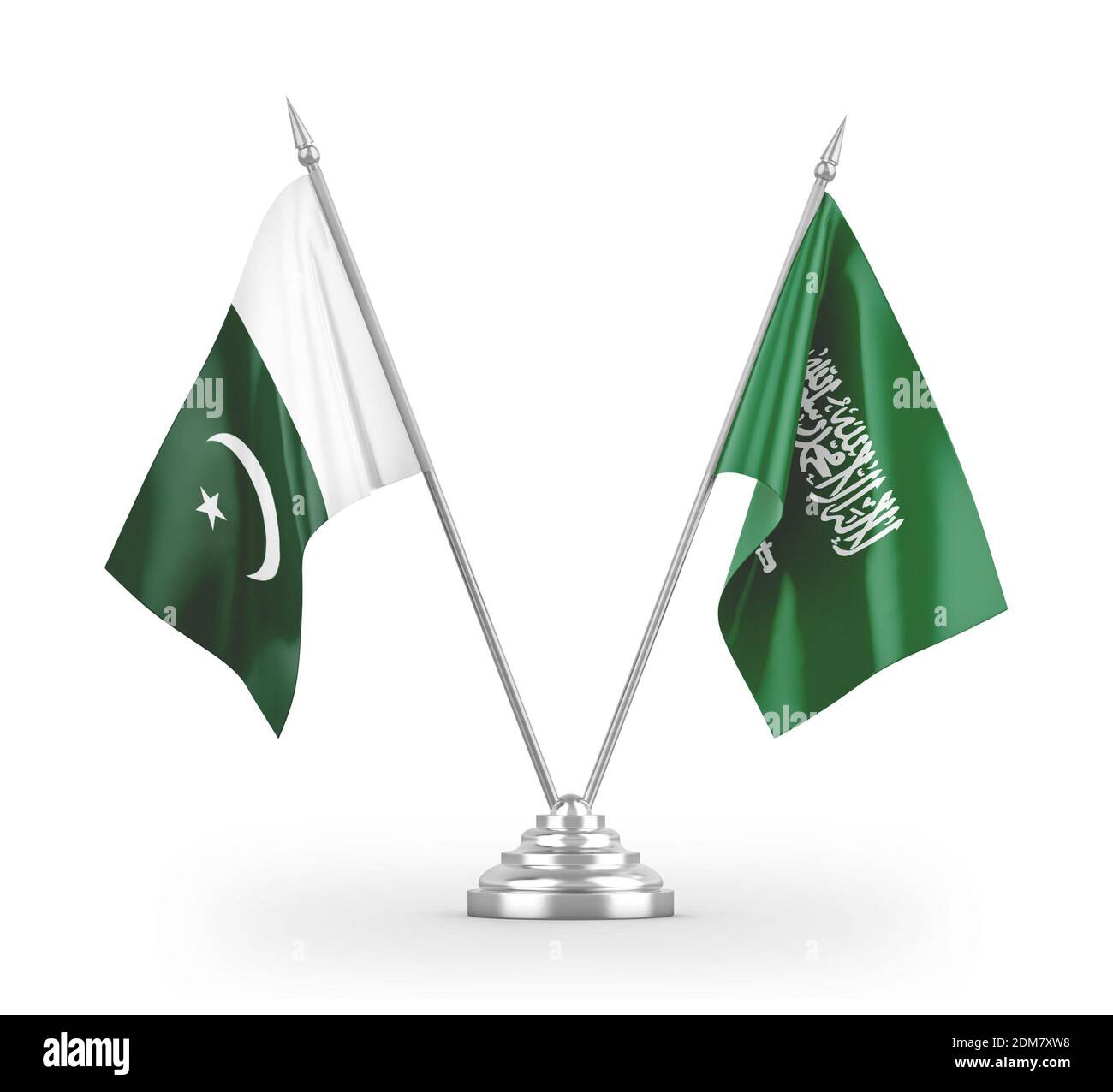 Saudi Arabia and Pakistan table flags isolated on white 3D rendering Stock Photo