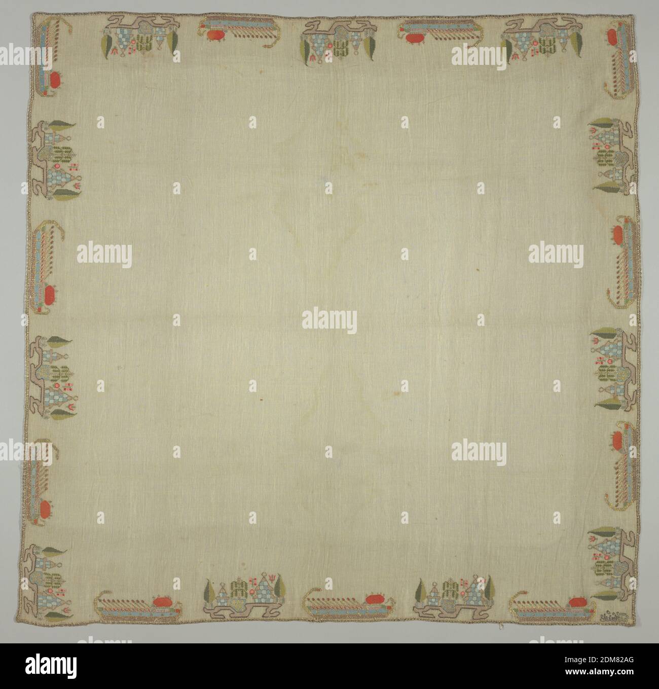 Square, Medium: cotton, silk and metal Technique: embroidered, Square of sheer cream-colored cotton, embroidered on all four sides with colored silks and metal thread. Design of detached motifs: an island with trees; and a galley with oars raised in a single line., Near East, late 19th century, embroidery & stitching, Square Stock Photo
