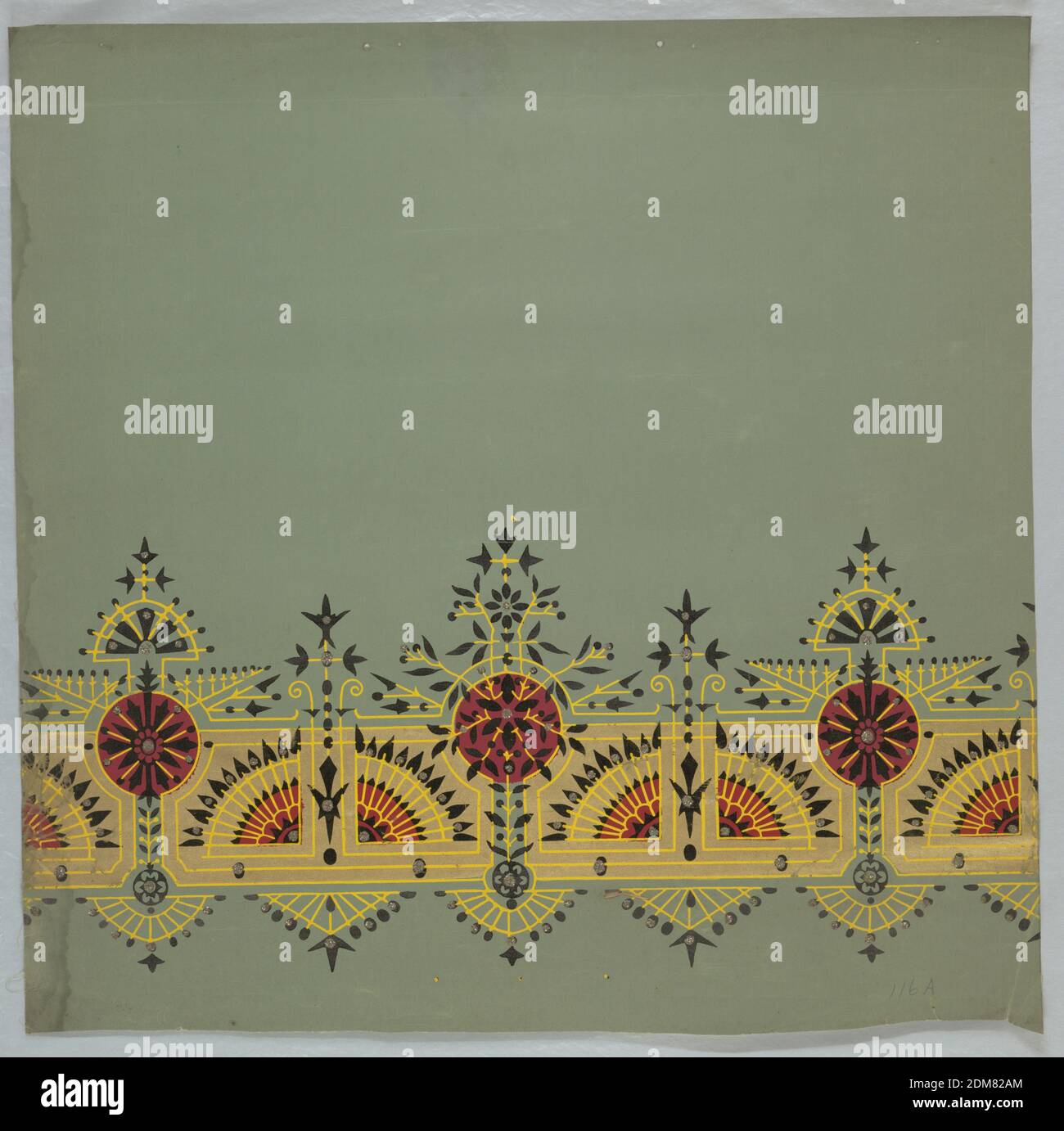 Window shade, Block-printed, Two stylized plant motifs alternated, each having yellow branches with black leaves, across one end of shade. Each contains a large red circle ornament in the central area. The plant motifs are printed against a gold background containing fan-like motifs. Printed on a green shade., USA, 1875–1900, Wallcoverings, Window shade Stock Photo