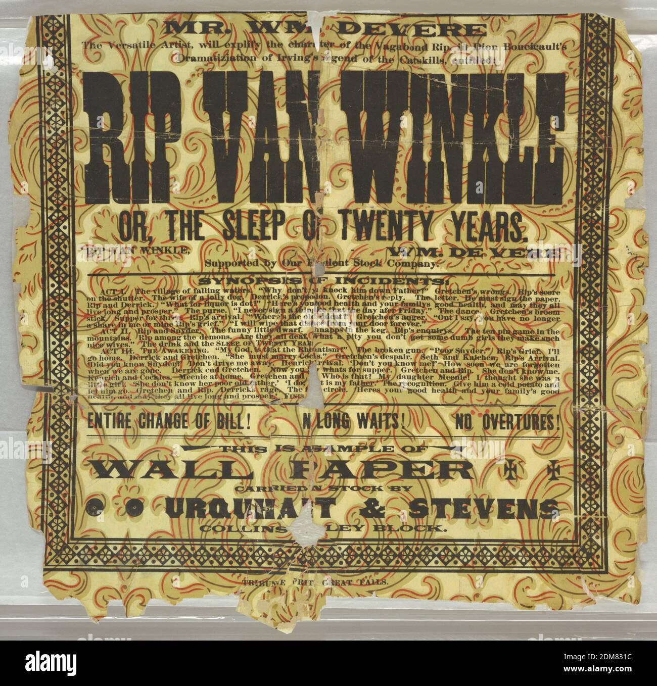 Rip Van Winkle Machine Printed Paper On A Fleur De Lys Rococo Or Aesthetic Style Wallpaper Fragment Pattern By Urquhart Stevens Wallpaper Co Printed With An Advertisement For A Presentation Of Rip Van Winkle A