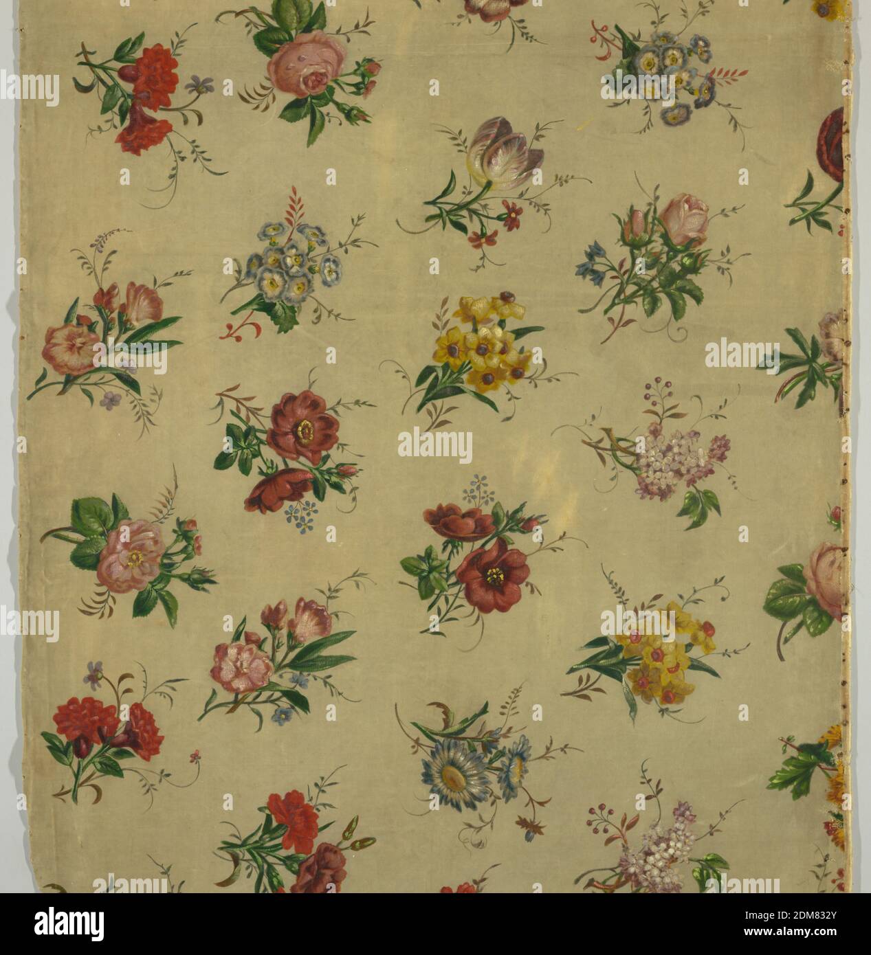 Fragment, Medium: cotton Technique: cut loops of a supplementary weft in a 2/1 twill foundation (velvet), Length of painted cotton velvet upholstery fabric with offset rows of naturalistic flowers including jonquil, tulip, rose, lilac, daisy and morning glory and others which do not systematically repeat., Europe or USA, late 19th century, printed, dyed & painted textiles, Fragment Stock Photo