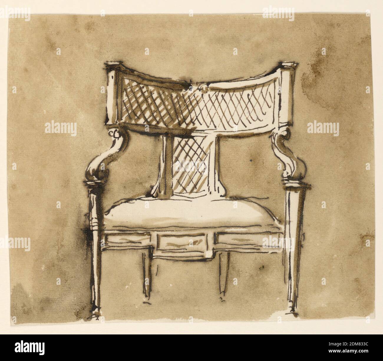 Chairs, Giuseppe Barberi, Italian, 1746–1809, Pen and brown ink, brush and brown wash on off-white laid paper, Seen from the front, the upper part of the back is a low curved rectangle, supported in the center by a standing one, both with straw plaiting inside. From the lower corners spring the arm volutes, the front spirals of which are supported by the front legs. The frame of the upholstered seat is shown in the center of the front legs. Its front is divided into three panels, the center one being higher. Narrowly standing back legs. Usual background., Rome, Italy, ca. 1785–1790, furniture Stock Photo