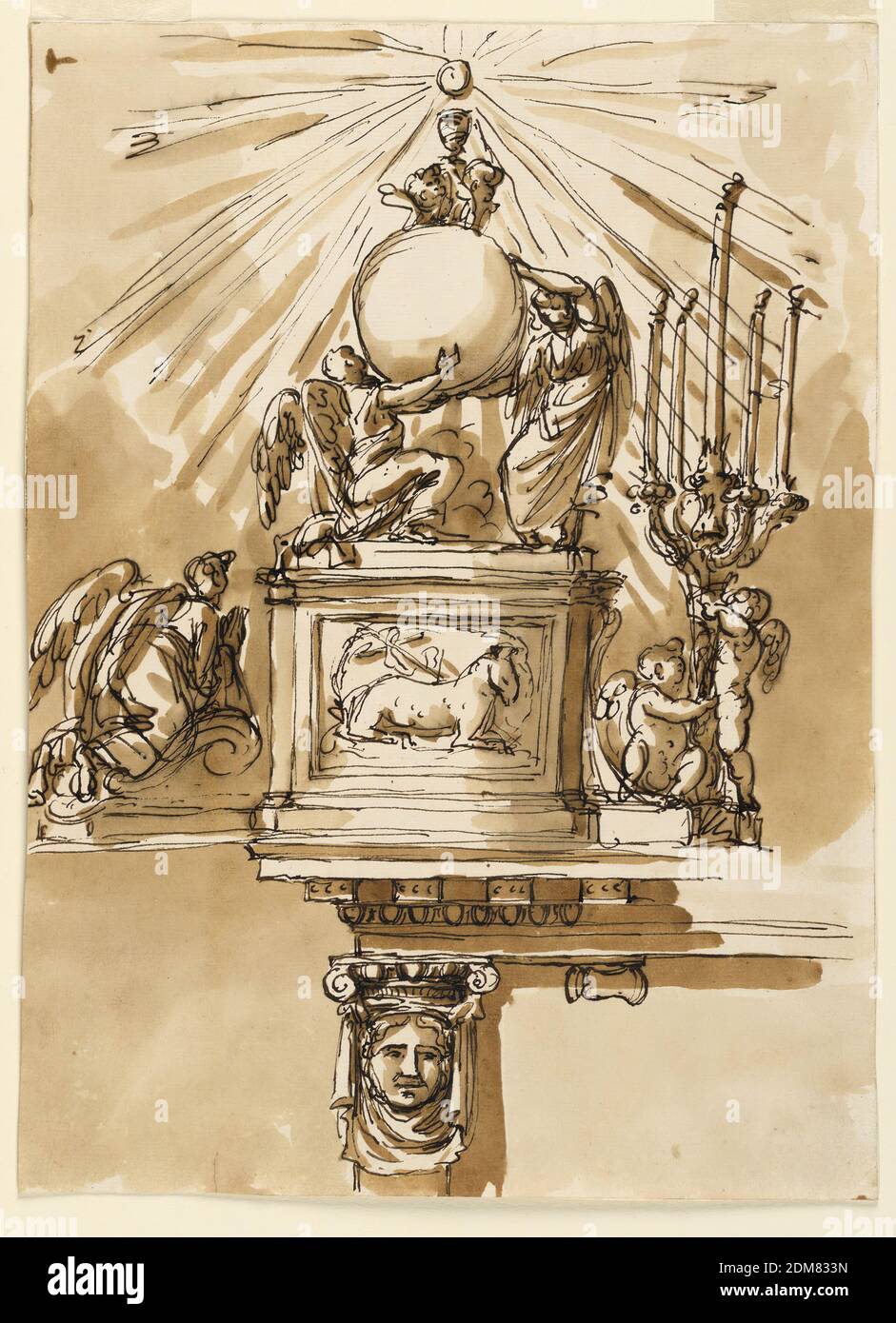 Relief; Glory of the sacrament; console table, Giuseppe Barberi, Italian, 1746–1809, Pen and brown ink, brush and brown wash on off-white laid paper, lined, Top: a) upon a pedestal, showing the Easter lamb in its front panel, two angels, one kneeling, the other one standing. They carry the globe, on top of which two cherubim support the chalice, above which the Host appears, being the center of a glory of rays. Beside the pedestal are suggested: at left, an angel kneeling upon a volute, worshipping; at right: two angels holding a candlestick with five candles. Stock Photo