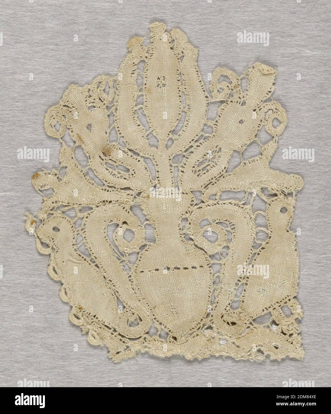 Fragment, Medium: Technique: bobbin lace, discontinuous tape, Fragment with vases of flowers forming tabs., Italy, 17th century, lace, Fragment Stock Photo
