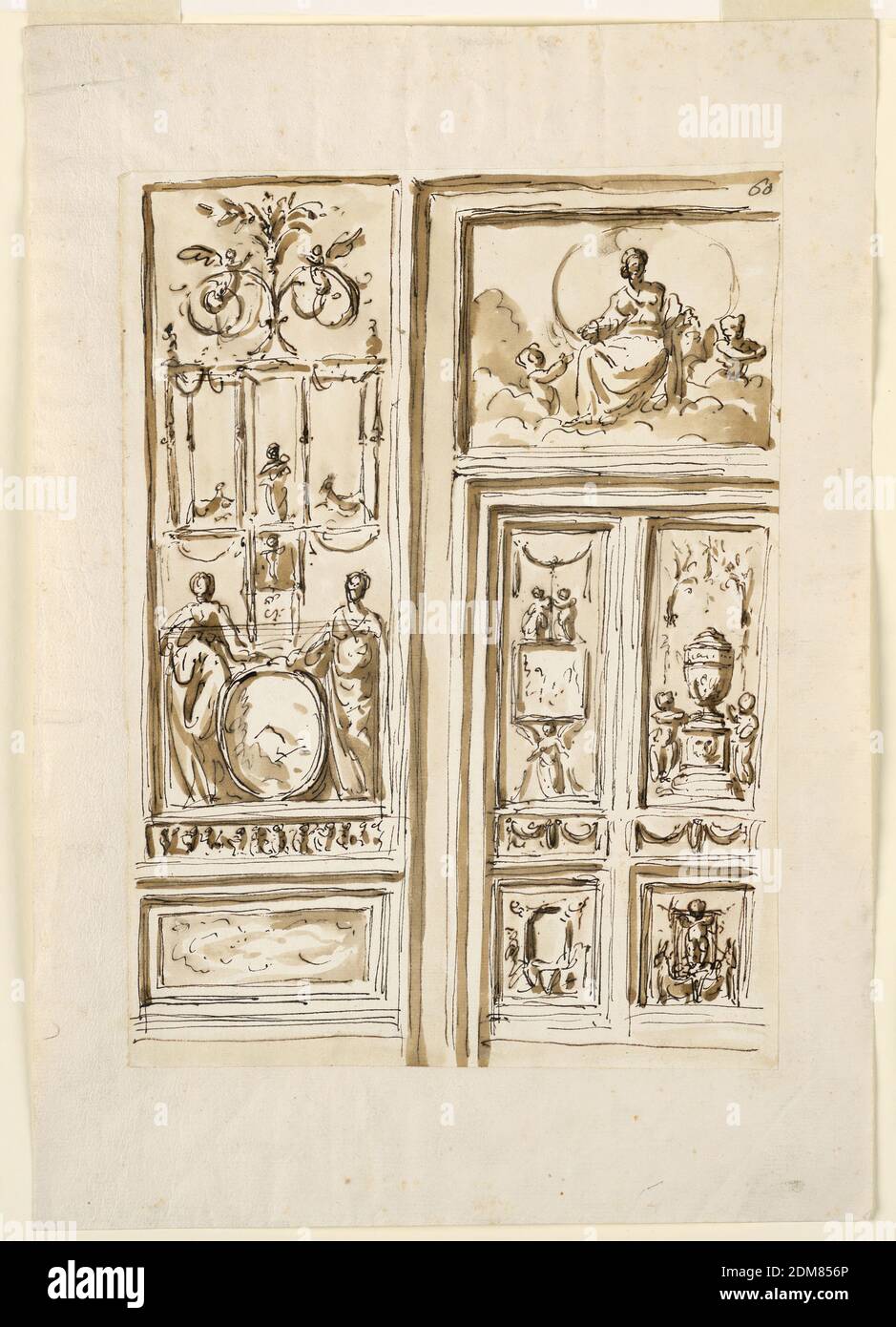 Design for Door and Adjoining Wall Panel Decorations, Giuseppe Barberi, Italian, 1746–1809, Pen and brown ink, brush and brown wash on off-white laid paper, lined, Rectangular panels with classical motifs including rinceaux, columns, urns, and swags. The overdoor features the Virgin on the Crescent (?) with a putto., Rome, Italy, 1746–1809, interiors, Drawing Stock Photo