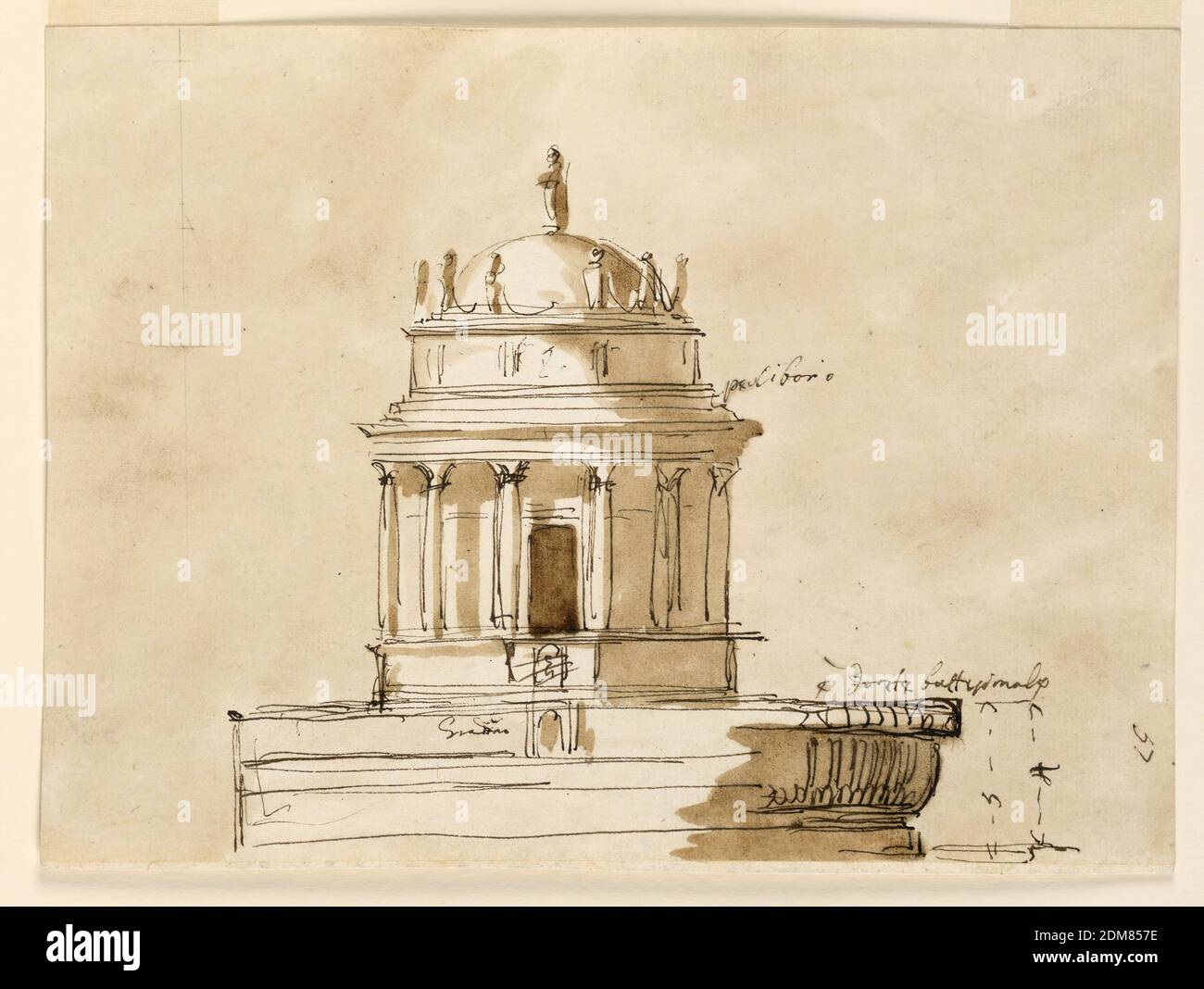 Design for a Tabernacle and a Baptismal Font, Giuseppe Barberi, Italian, 1746–1809, Pen and brown ink, brush and brown wash, graphite on lined off-white laid paper, Upon steps, stands the tabernacle, shaped like a circular temple, with six columns supporting the entablature, and a door in the wall. Above are moldings, a drum, and a dome with a figure on top. At the foot of the dome stand six hermae or figures, and others similar to them, connected by some object hanging semicircularly. At the right end of the steps is a part of a bowl, with the indication of its height. Colored background Stock Photo