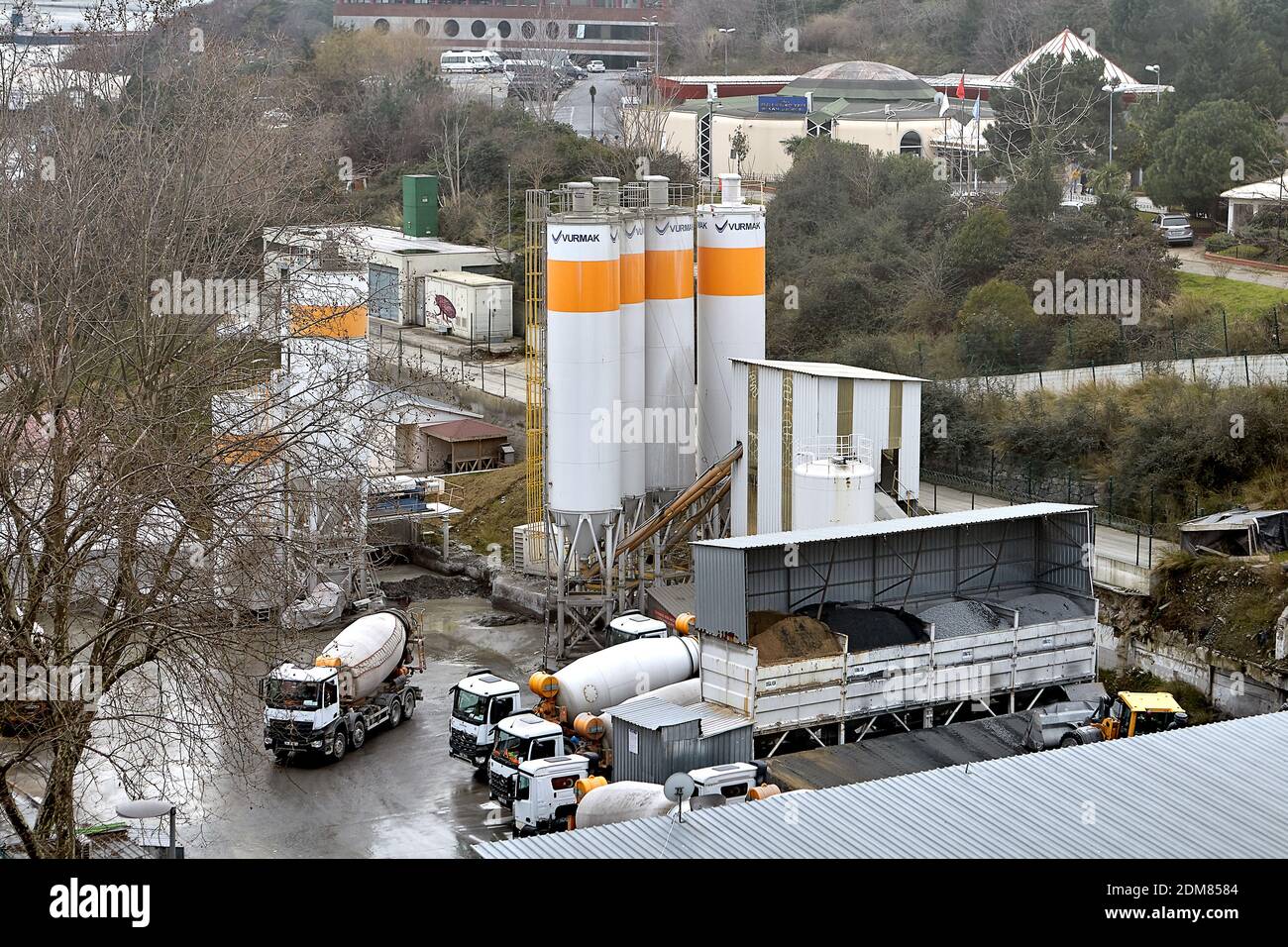 Aerial view of Vurmak company concretemixing plant with mixer trucks