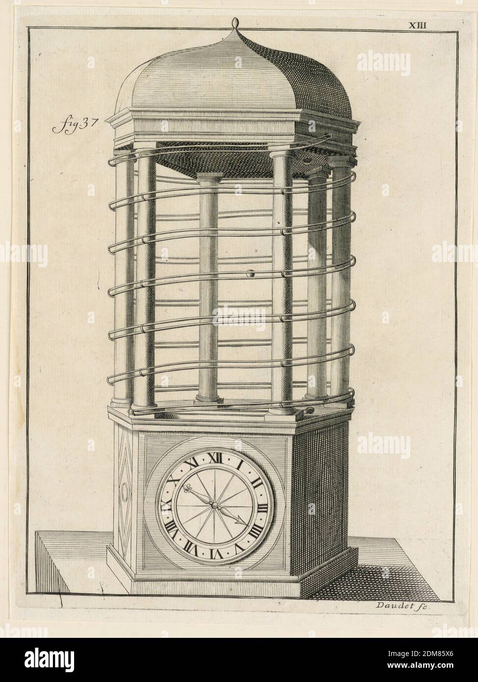 Design For a Clock, pl. XIII from 'Recueil d'Ouvrages Curieux de Mathematique et de Mecanique, ou Description du Cabinet', Gaspard Grollier de Seviere II, French, 1677 - 1745, Engraving on paper, France, 1719, Print Stock Photo