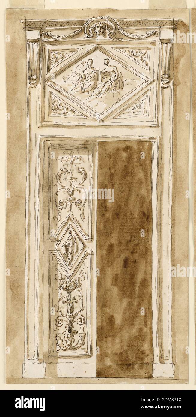 Design for a Double Door with Overdoor, Giuseppe Barberi, Italian, 1746–1809, Pen and brown ink, brush and brown wash on off-white laid paper, lined, A variation of the scheme of -1662. In the center of the door folding is a lozenge with the figure of a standing woman, causing a correlated shape of the upper and lower panels. They are decorated with floral candelabra. The panel of the overdoor is divided into a central lozenge, with two goddesses upon clouds and four triangles with a palmette. The cornices of the entablature are supported by two consoles. Stock Photo