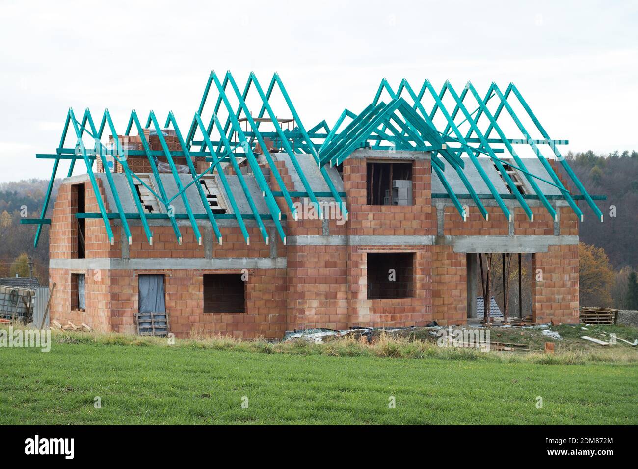 Roof is under construction, unfinished house Stock Photo