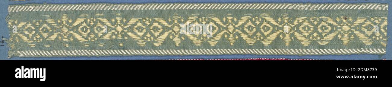 Trimming, Medium: silk Technique: woven, Blue and yellow trimming fragment with a conventionalized design of crossing lines and lozenges., France, 19th century, trimmings, Trimming Stock Photo