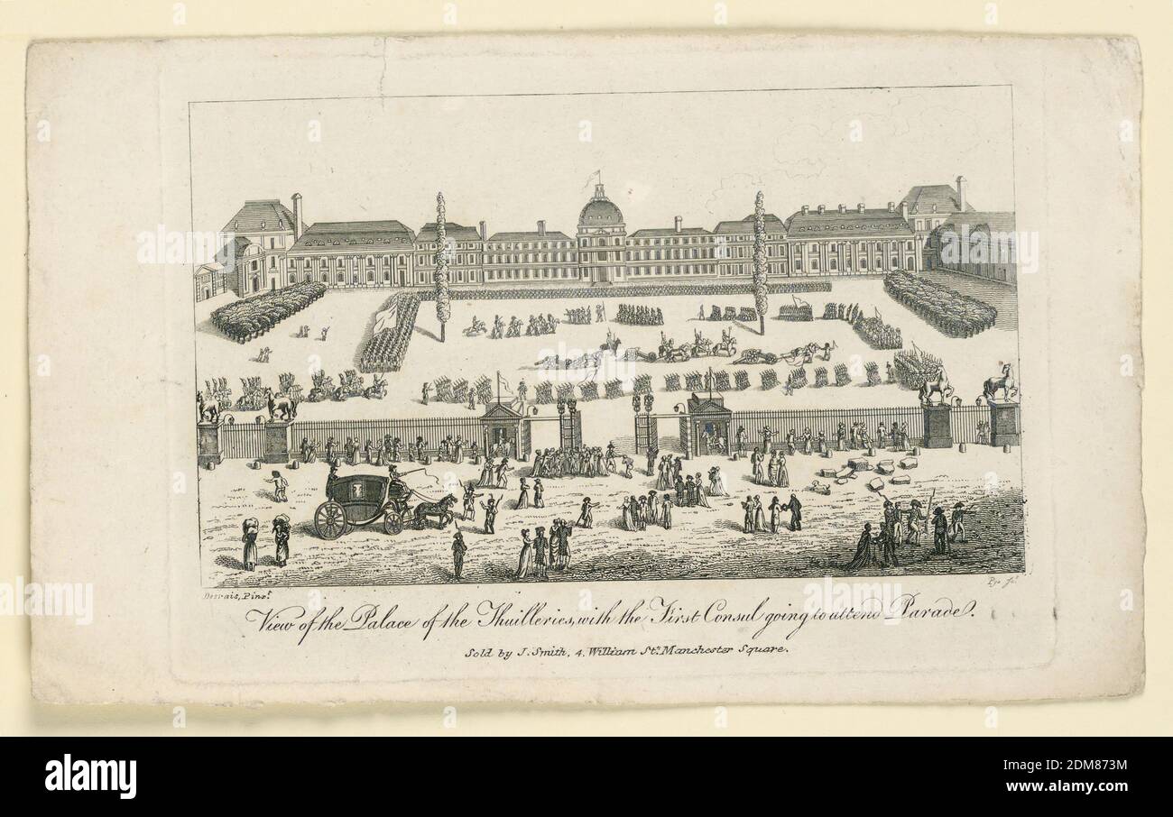 View of the Tuilleries Palace, Paris, John Pye the younger, British, 1782 - 1874, Claude-Louis Desrais, (French, 1746–1816), Engraving on paper, The view is taken looking at the principal façade of the Tuilleries Palace, with the enclosed court in the foreground. Troops drilling in the court., London, England, 1798-1801, Print Stock Photo