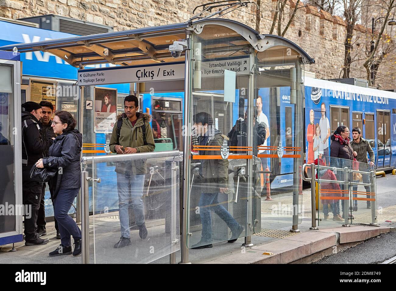 Turnstile exit from the station of the modern low-floor tram, Fatih, Istanbul, Turkey. Stock Photo
