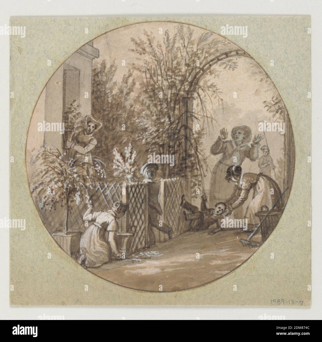 Design for a Painted Porcelain Plate, Garden Scene from the Service de la Culture des Fleurs (Flower Cultivation Service), Jean Charles Develly, French, 1783 - 1849, Pen and brown, black ink, brush and brown, black wash, white gouache, red crayon, graphite on tan paper mounted on blue-gray paper, Design for a painted porcelain plate, rondel. A garden setting with an arbor full of trees, right middleground, and a trellised fence around a house/garden building, left foreground. A figure of a kneeling woman assists a young boy who has falllen to the ground. Behind them, a gardener raises his arms Stock Photo