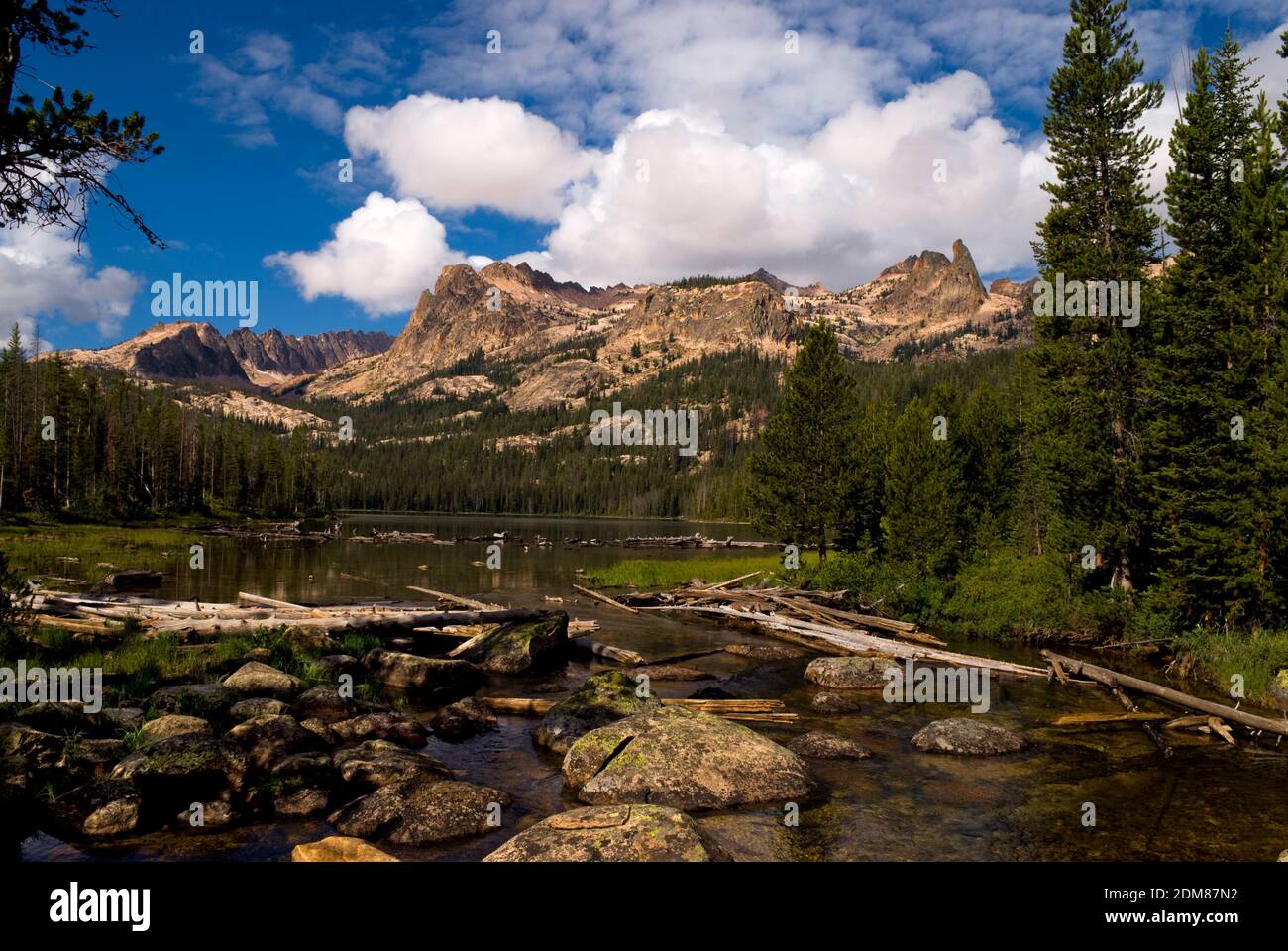Hell Roaring Creek, the outlet from Hell Roaring Lake, with Sawtooth Range including the Finger of Fate. Sawtooth National Forest Stock Photo