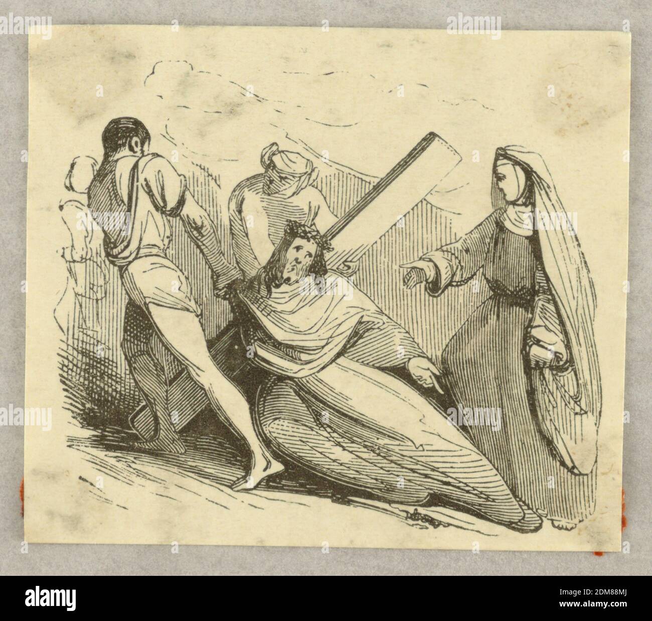 Christ Falls Under the Cross, Wood engraving on paper, The fallen Lord is pulled by a man; another lifts the cross. The Virgin talks to Christ., France, 1840s, Print Stock Photo