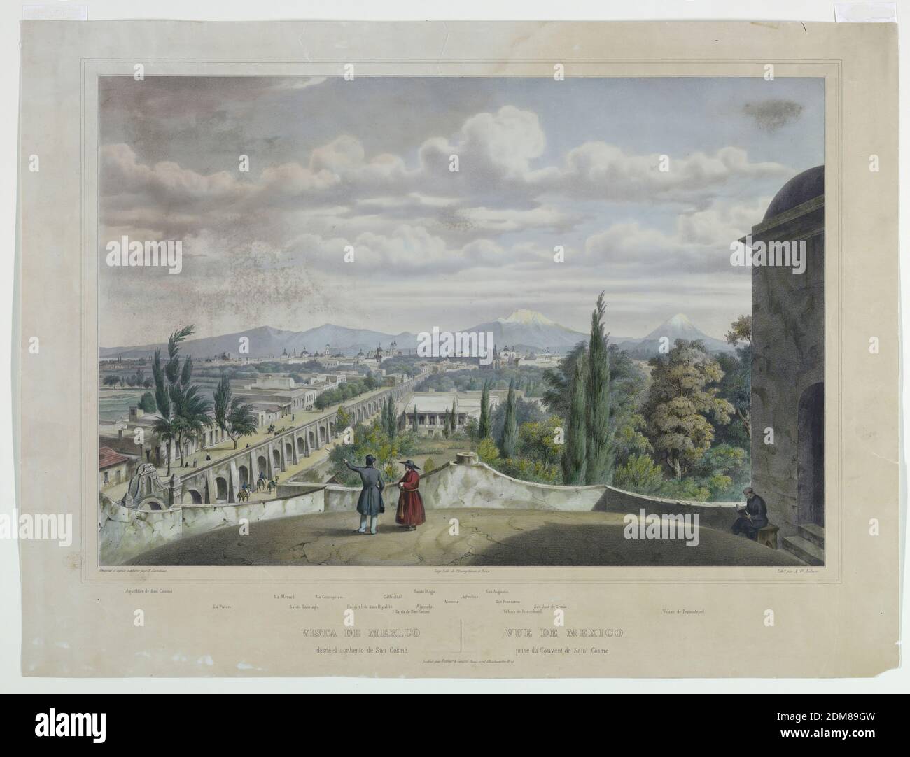 View of Mexico City, S. Sarokins, active 19th c., Félix Achille Saint-Aulaire, French, 1801 - after 1838, Chromolithograph on paper, Panoramic view of Mexico City, with the Aqueduct de San Cosmé at the left and Mount Popocatepetl at right. Below, monuments indicated, and title in French and Spanish; also artists' and publisher's names., Paris, France, 1830–1840, Print Stock Photo