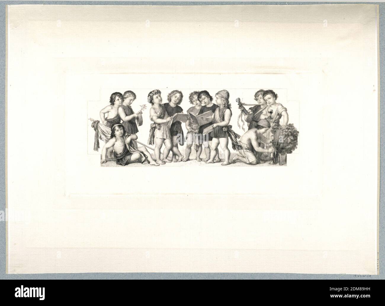 Les Chanteurs, Wilhelm Schmidt, German, 1842 - 1922, Ferdinand Laufbager, Austrian, 1829 - 1881, Etching in dark brown ink on white satin, A frieze composition showing eleven children. Five in the center sing, and two, at right, drink wine., Germany, ca. 1880, Print Stock Photo