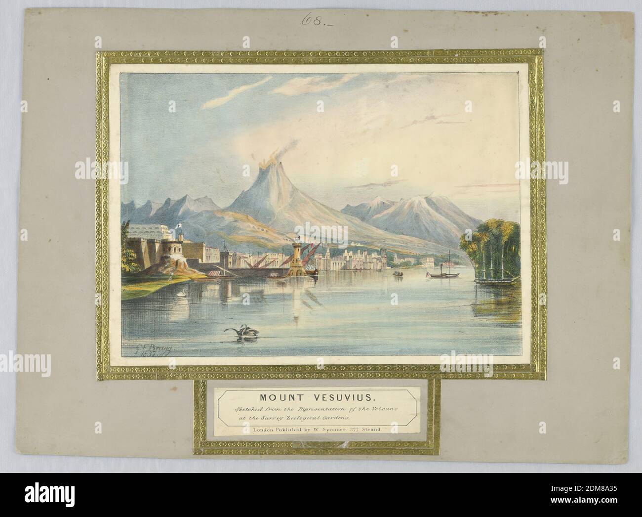 Optical Toy: 'Mount Vesuvius', William Spooner, England, active 1830 – 1854, Lithograph, brush and watercolor on paper with embossed gold paper strips, View looking across the Bay of Naples, with Vesuvius in the distance. When held to the light Vesuvius is seen erupting at night. Below, title and: 'Sketched from the Representation of the Volcano at the Surrey Zoological Gardens'. Names of publisher and artist below., London, England, ca. 1838, Print Stock Photo