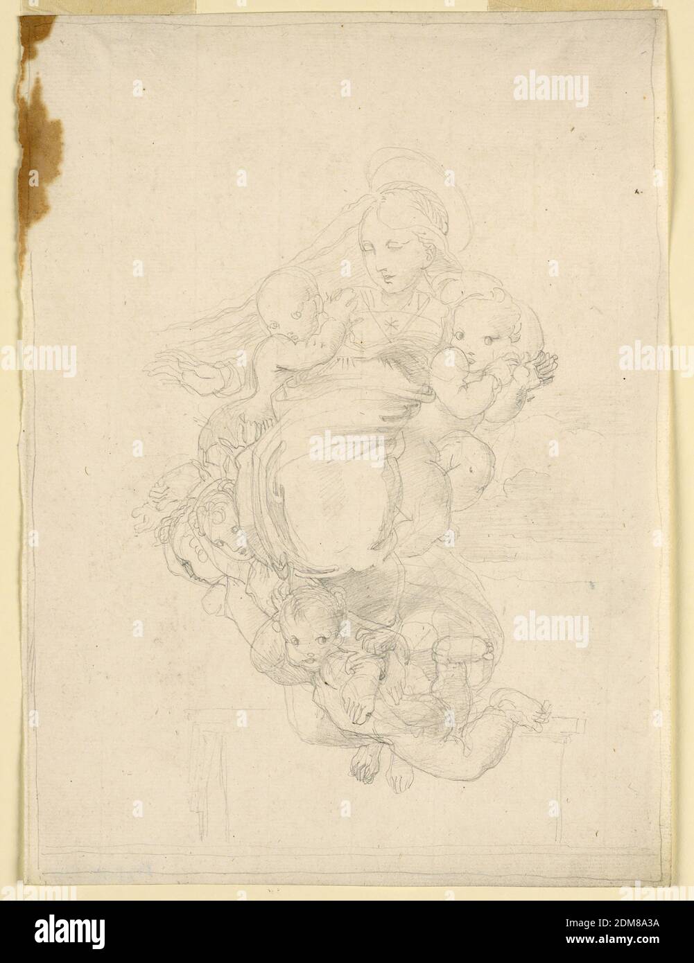 The Assumption of the Virgin, Fortunato Duranti, Italian, 1787 - 1863, Graphite, impressed lines on paper, Angels convey the upright Virgin into Heaven. The sarcophagus is outlined. Framing line., Rome, Italy, 1820–1850, Drawing Stock Photo