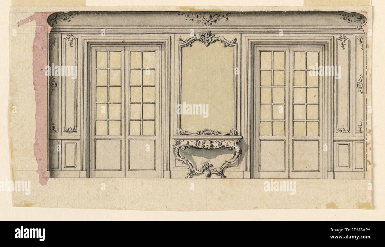 Design for a fireplace, Pen and Chinese ink, brush and washes of purple and light brownish watercolors, A console mirror stands between folding doors., France, 1760, Drawing Stock Photo