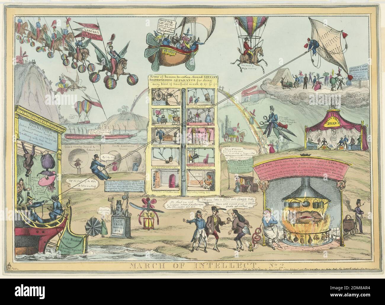 March of Intellect No. 2, William Heath, British, 1794 - 1840, T. McLean, London, England, Engraving, brush and watercolor on paper, Cartoon showing other fantastical means of surface and air transportation than are seen in -84, including a balloon brigade, and a roasting spit with fire provided from Mount Etna. Below, title and publisher's name., England, 1828, Print Stock Photo