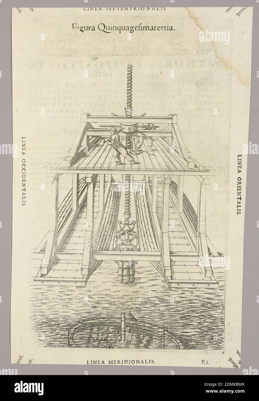 Plate LIII from Theatrum instrumentorum et machinarum, Julio Paschale, Woodcut on paper, Dredging machine over a wreck, picking up bales. The machine on a framework across two barges. Turned by two men on a wheel on a top platform, raising a screw with hooks. Description in Latin on verso of 1949-152-250., Lyon, France, 1582, Print Stock Photo