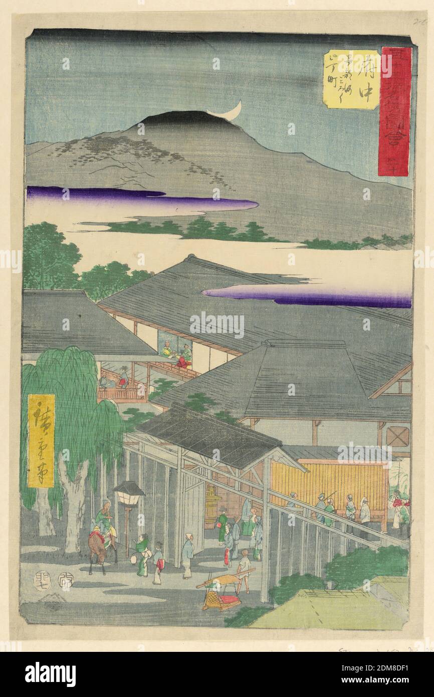Fuchu: The Second Block of the Miroku Quarter near the Abe River, no. 20 from the series Collection of Illustrations of Famous Places near the Fifty-Three Stations [Along the Tokaido], Ando Hiroshige, Japanese, 1797–1858, Woodblock print in colored ink on paper, A night scene of colorfully adorned villagers contrasts the black rooftops. Located in the forefront, is a man on horseback greeted by two well-dressed women. Hiroshige illuminates the sharp geometric angles with scenes from the inside of restaurants. Beyond the village is a mountain with a crescent moon climbing behind. Stock Photo