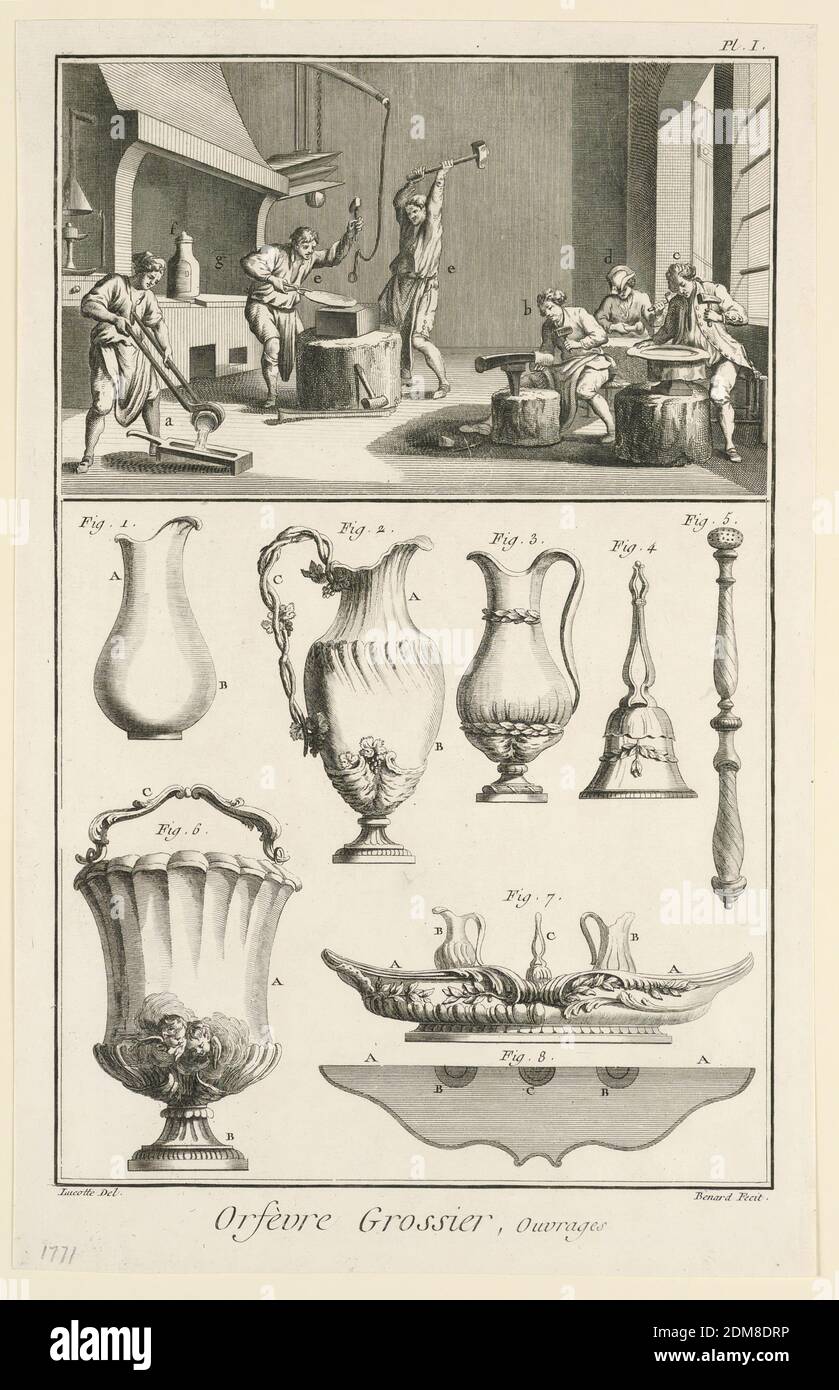 Orfevrerie Grossier, Ouvrages, Plate I from 'Encyclopédie ou Dictionnaire Raisonné des Sciences, des Arts et des Métiers', J.R. Lucotte, French, 1750–84, Robert Bénard, French, 1734–1772, Engraving on paper, France, 1771, Print Stock Photo