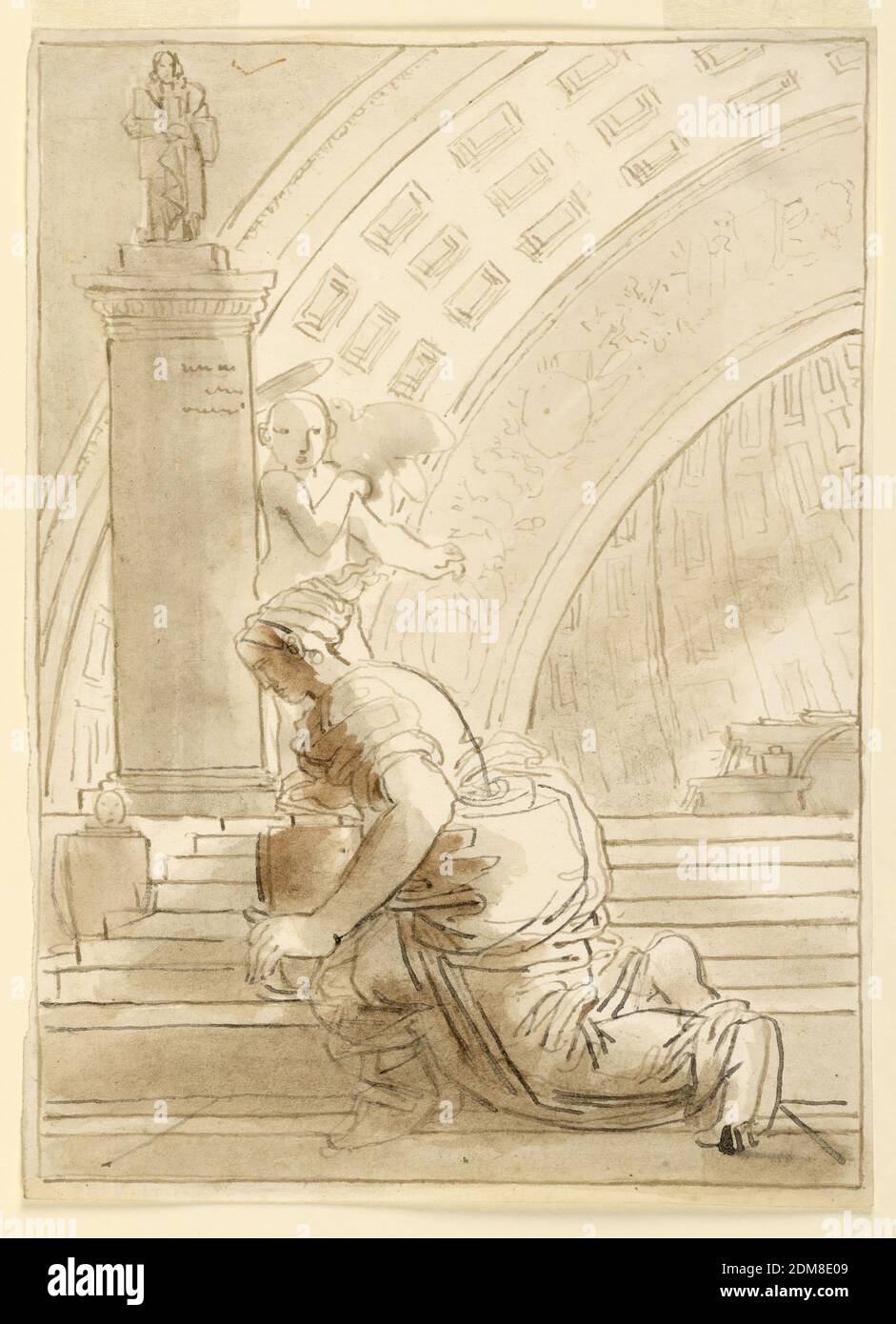 Interior Scene with Mary, Fortunato Duranti, Italian, 1787 - 1863, Pen and brown and black ink, brush and sepia wash on paper, The Virgin Mary kneels on a stairway before a monument near which an angel stands. Classical interior., Rome, Italy, 1820–1850, Drawing Stock Photo