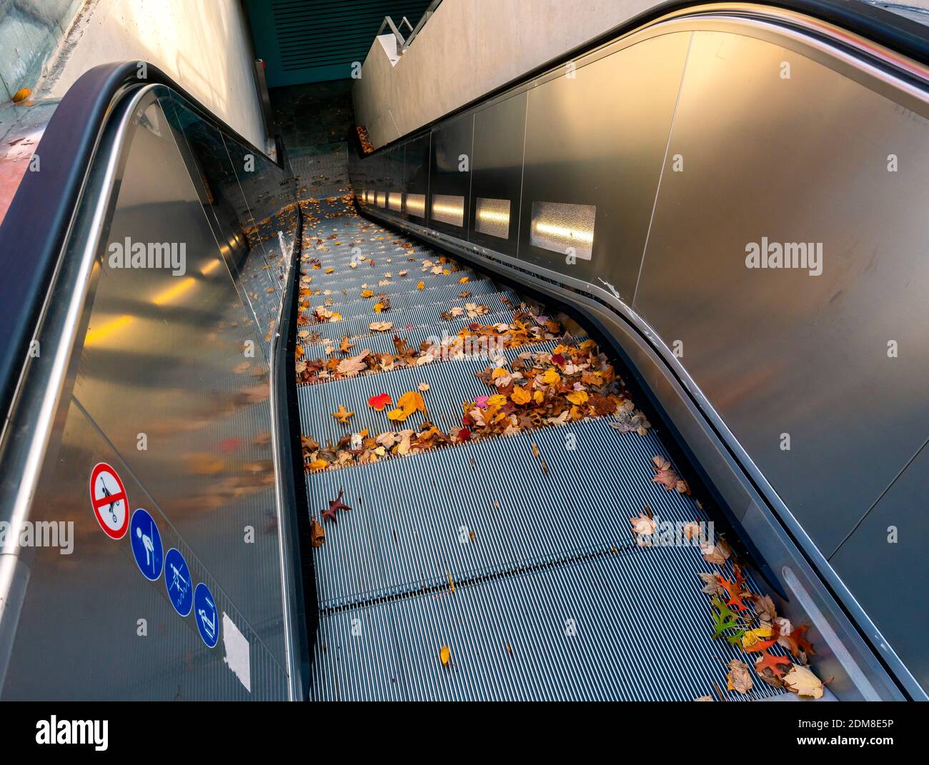 Escalator With Autumn Leaves At The Locked Underground Station Bundestag Stock Photo