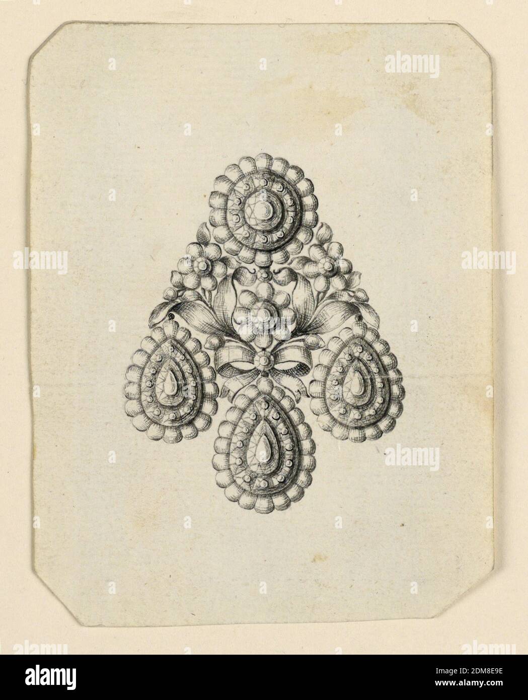Design for an Earring, Pen and black ink, brush and gray watercolor on off-white laid paper, Jewelry design for an earring, the usual scheme, a disk above and three drops below. In the center two flower stems, fastened by a knot, in the middle a blossom. Bevelled corners., Italy, late 18th century, jewelry, Drawing Stock Photo