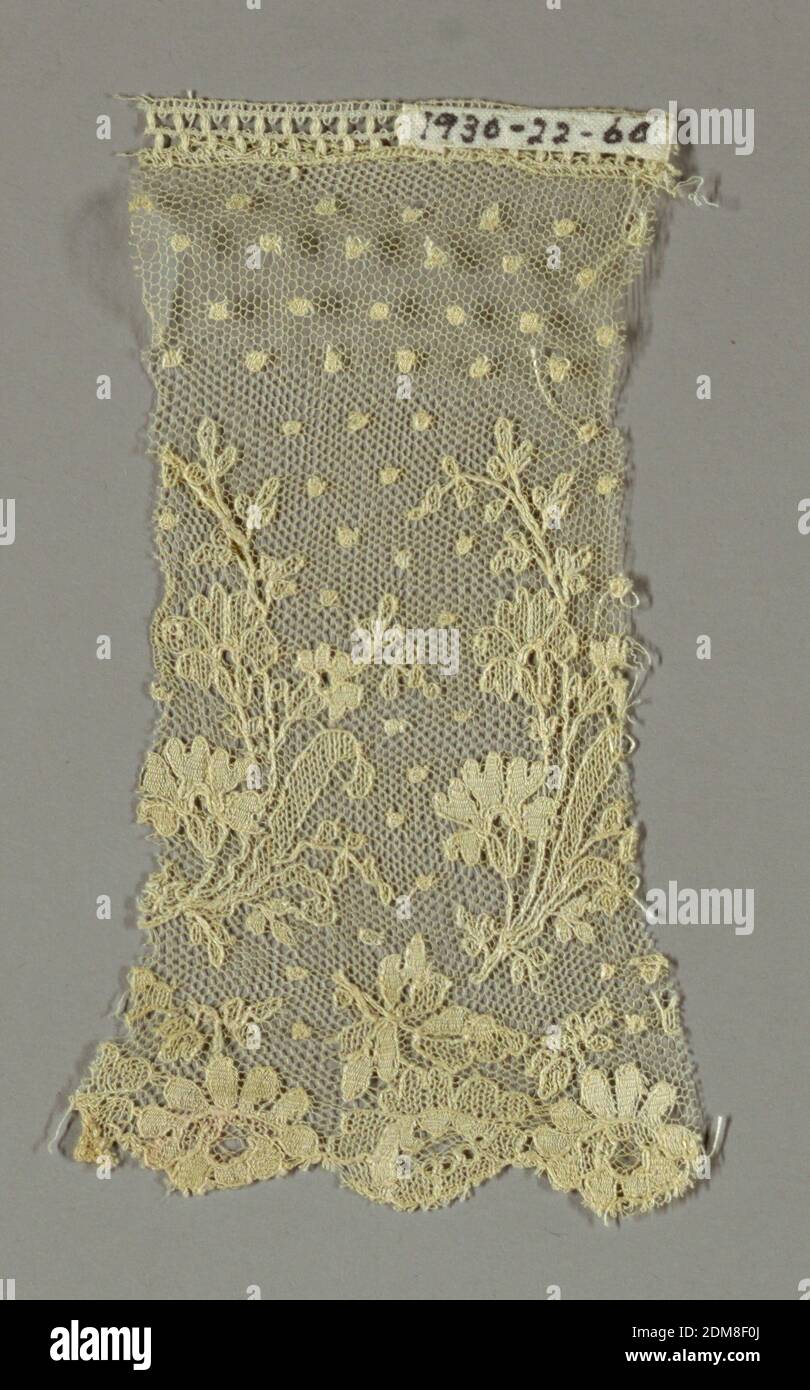 Fragment, A .G. Jennings & Sons, American, Medium: cotton Technique: machine made lace, Dots and floral border on net ground., USA, ca. 1884, lace, Fragment Stock Photo